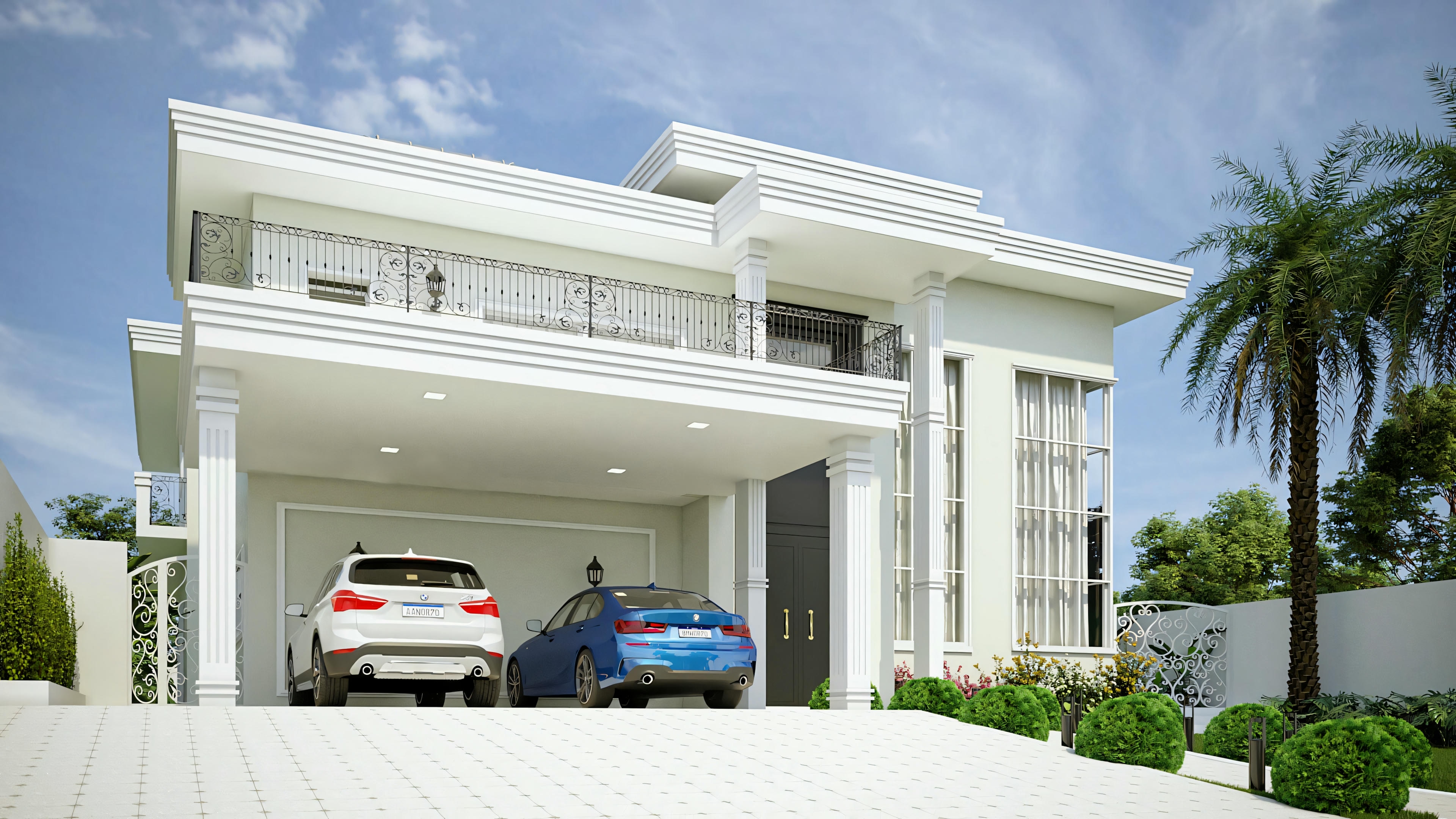 Vista frontal em ângulo baixo de sobrado neoclássico moderno com 4 suítes, destacando platibanda, colunas, garagem dupla e guarda-corpo detalhado na varanda.