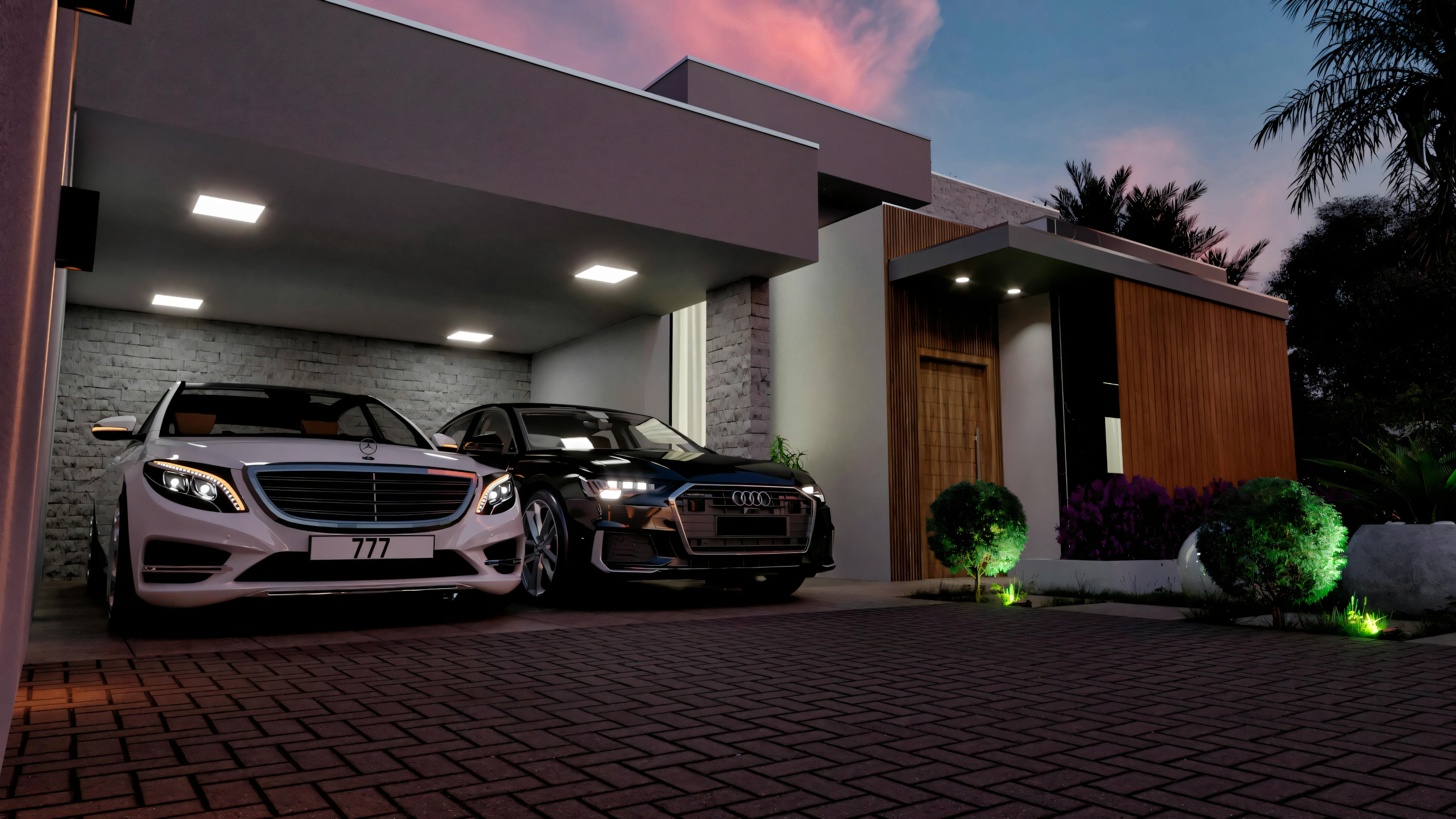 Fachada de una casa moderna con tejado plano, grandes ventanales y garaje iluminado con dos coches aparcados.