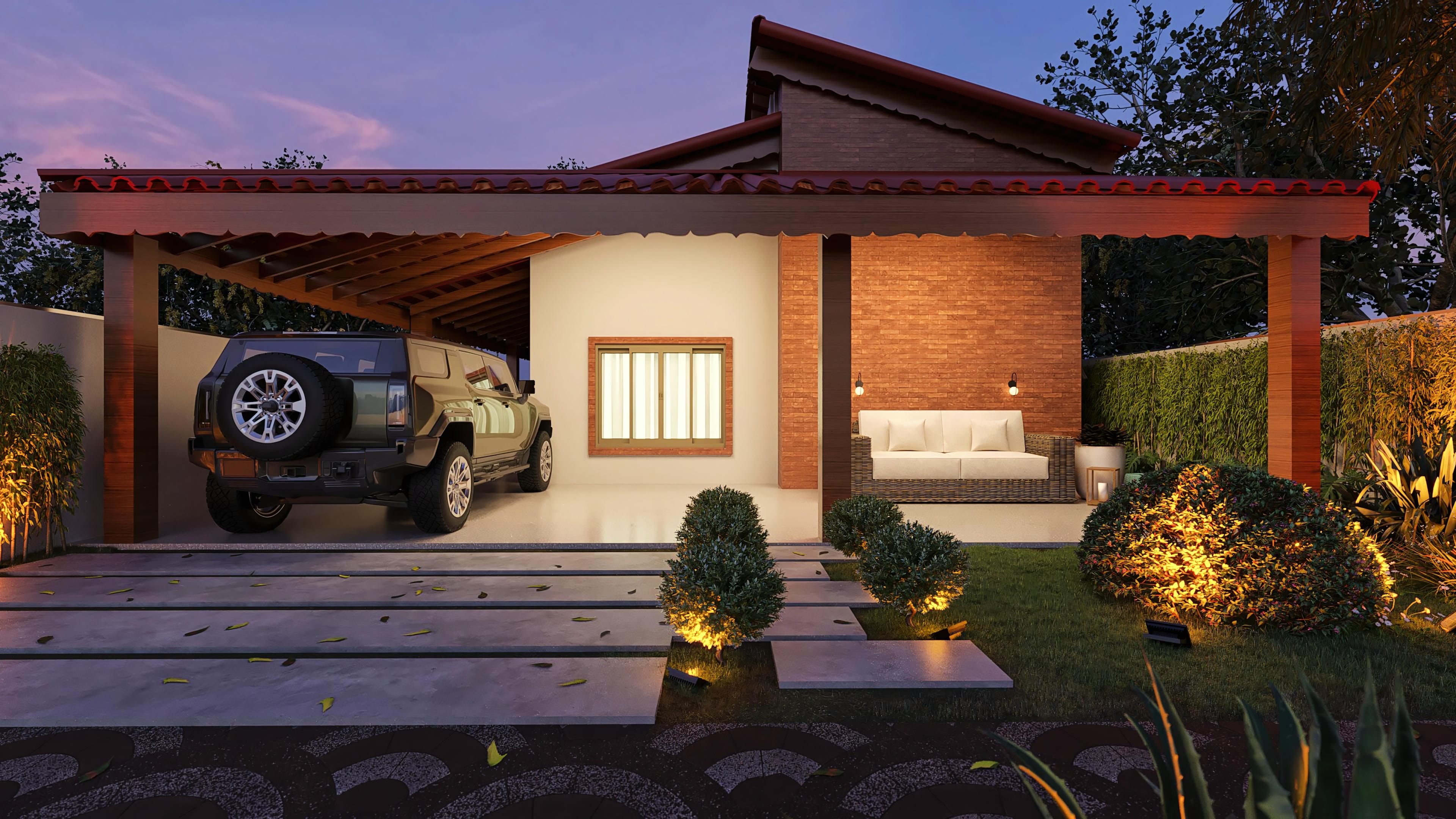 Imagen de fachada de casa de una planta iluminada.