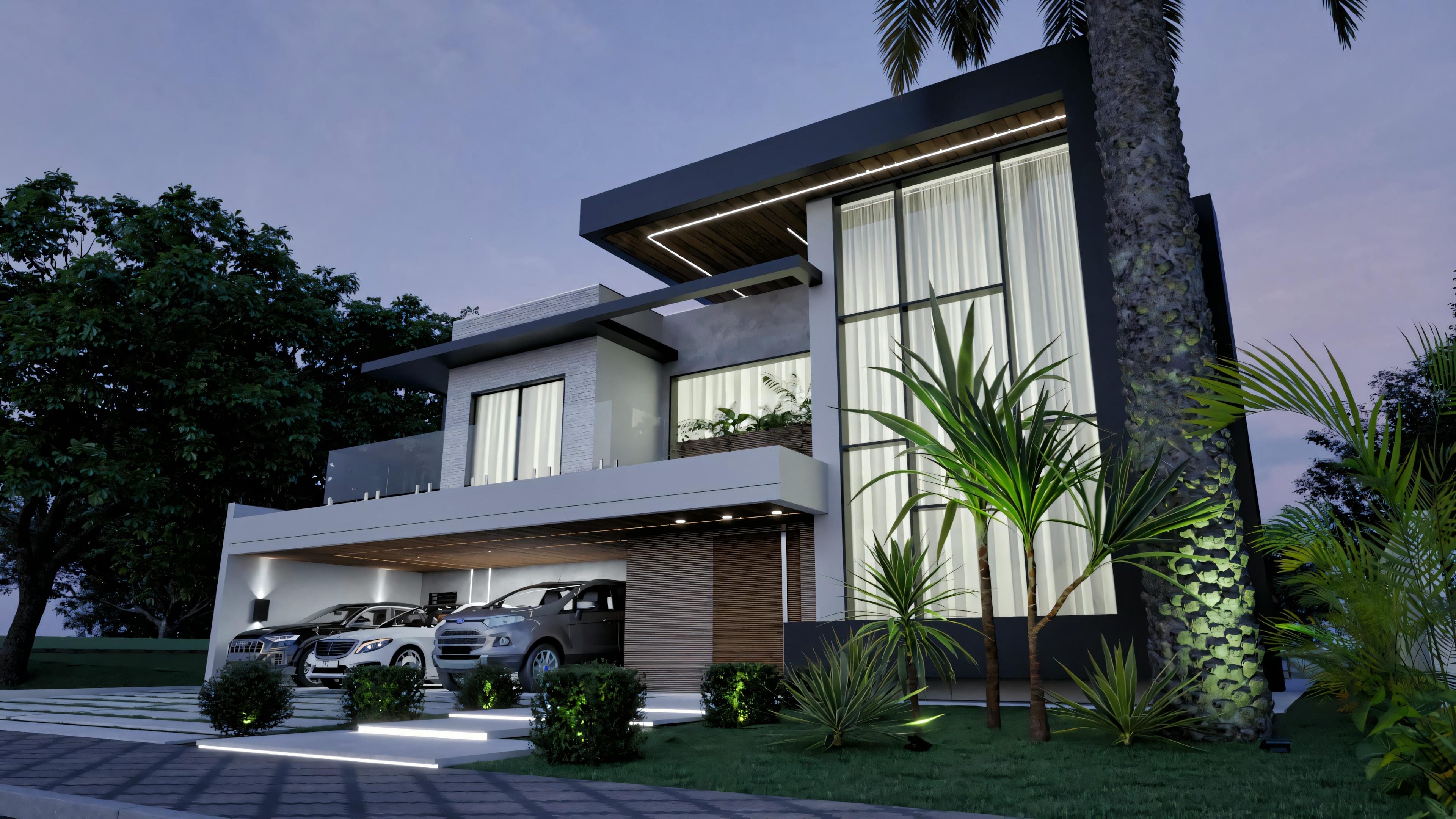 Proyecto de mansión moderna imponente con fachada iluminada al anochecer. Casa de 555.9m² con 4 suites, garaje para 3 autos y diseño contemporáneo destacado por la iluminación artificial.