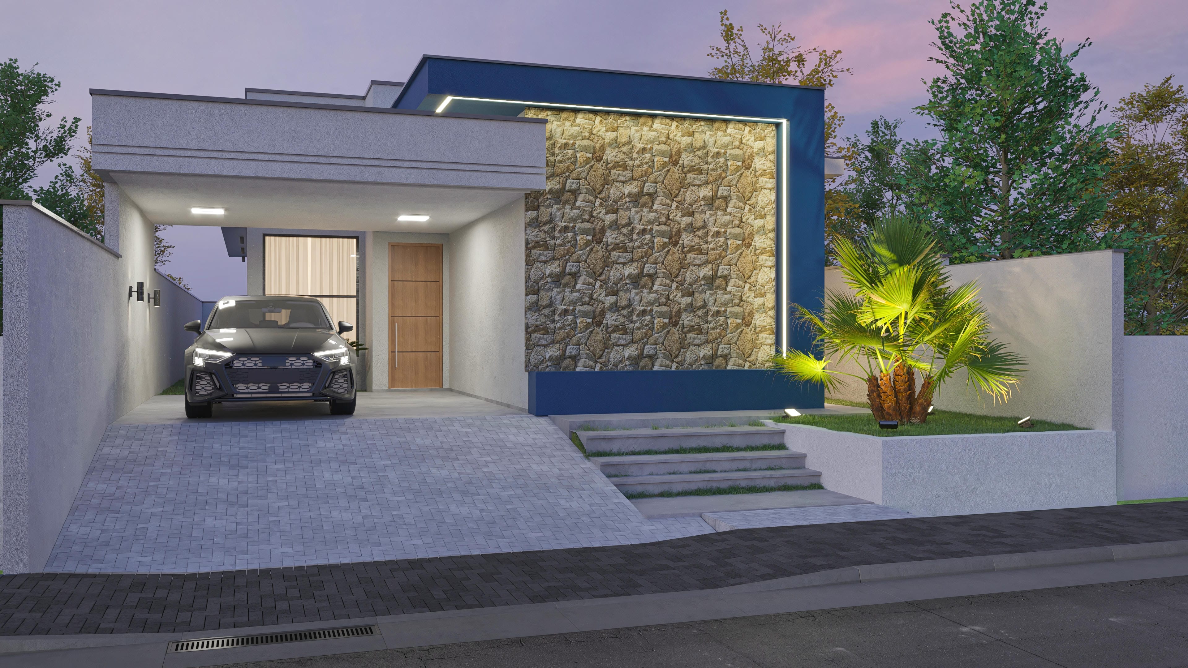 Fachada moderna com revestimento em pedra natural, volumetria sofisticada em azul marinho e iluminação em LED embutida, ideal para terrenos de 10x30m.