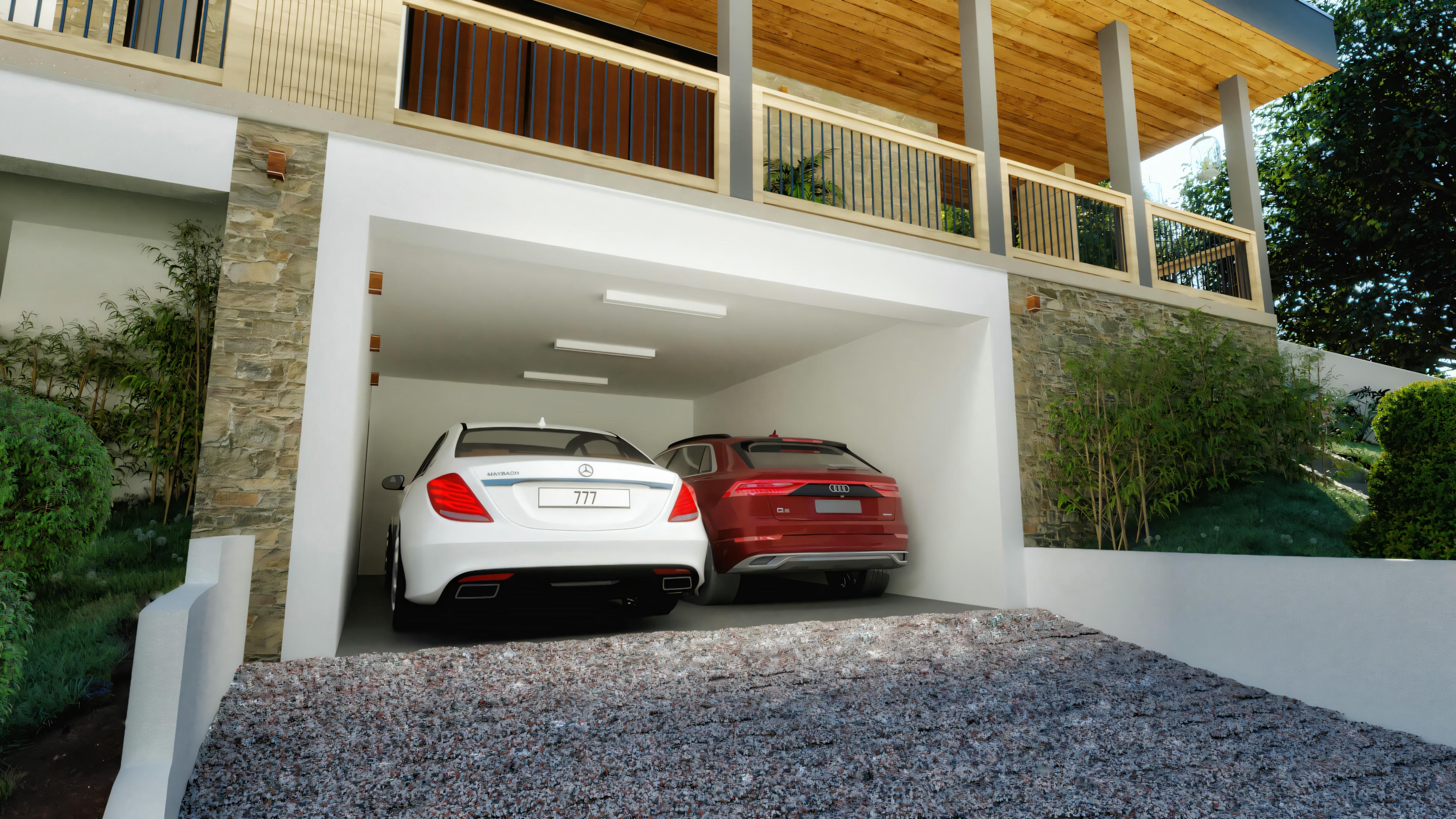Garaje cubierto de la casa de campo con espacio para dos coches, ubicado en el nivel inferior de la construcción sobre pilotes.