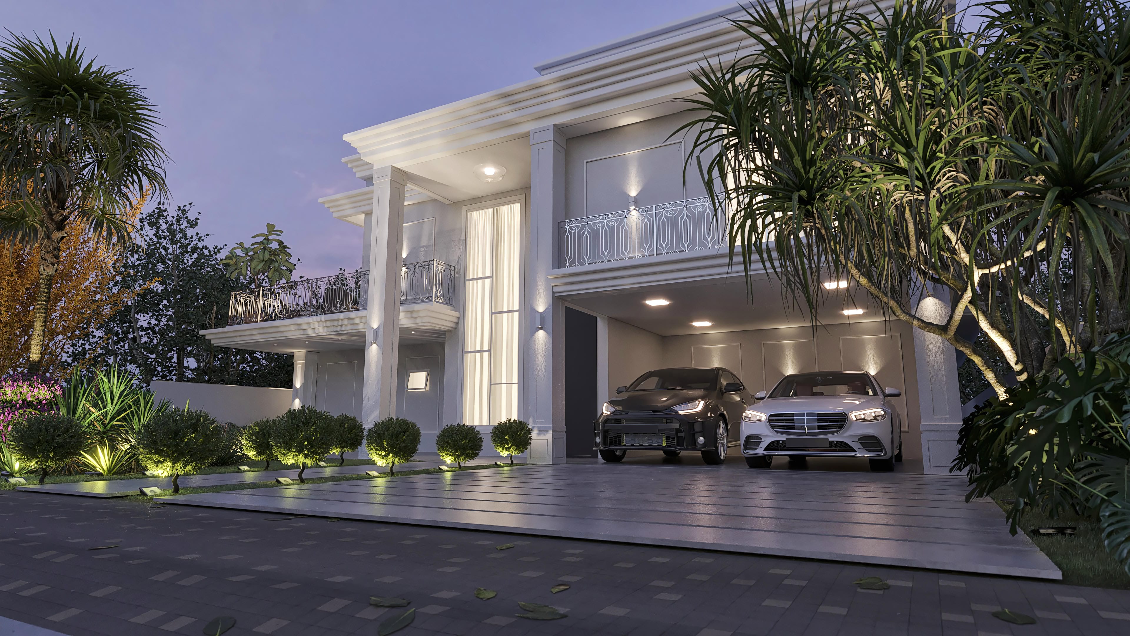 Imposing facade of a neoclassical two-story house with 5 bedrooms, 2 suites, 5 bathrooms, a 2-car garage, gourmet area, and pool. Classic details in white and neutral tones.