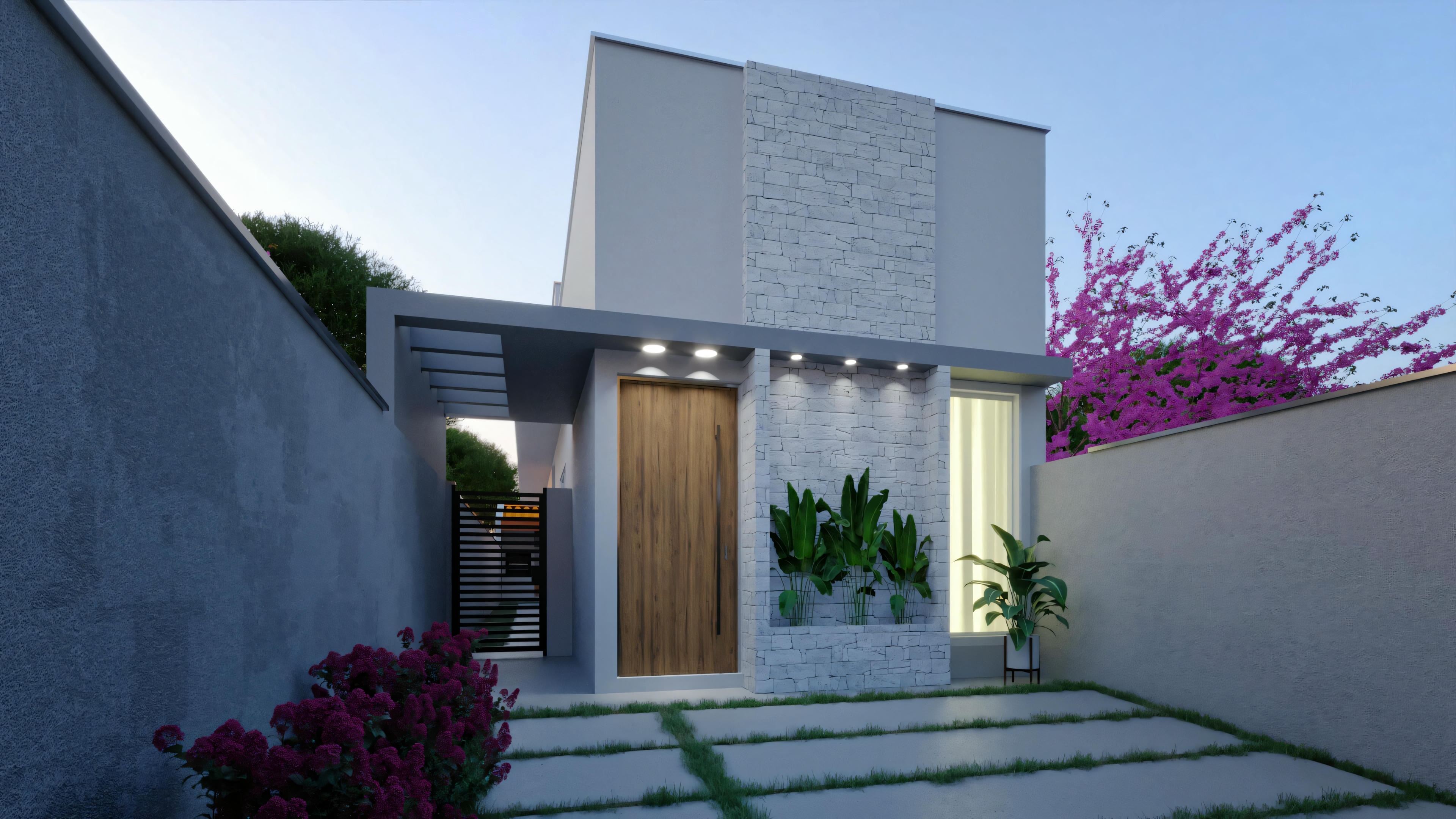 Night photo of the facade of a modern house of approximately 70 m² (59.97m²), ideal for a half lot. Highlights include recessed lighting, a wooden door, and stone cladding.