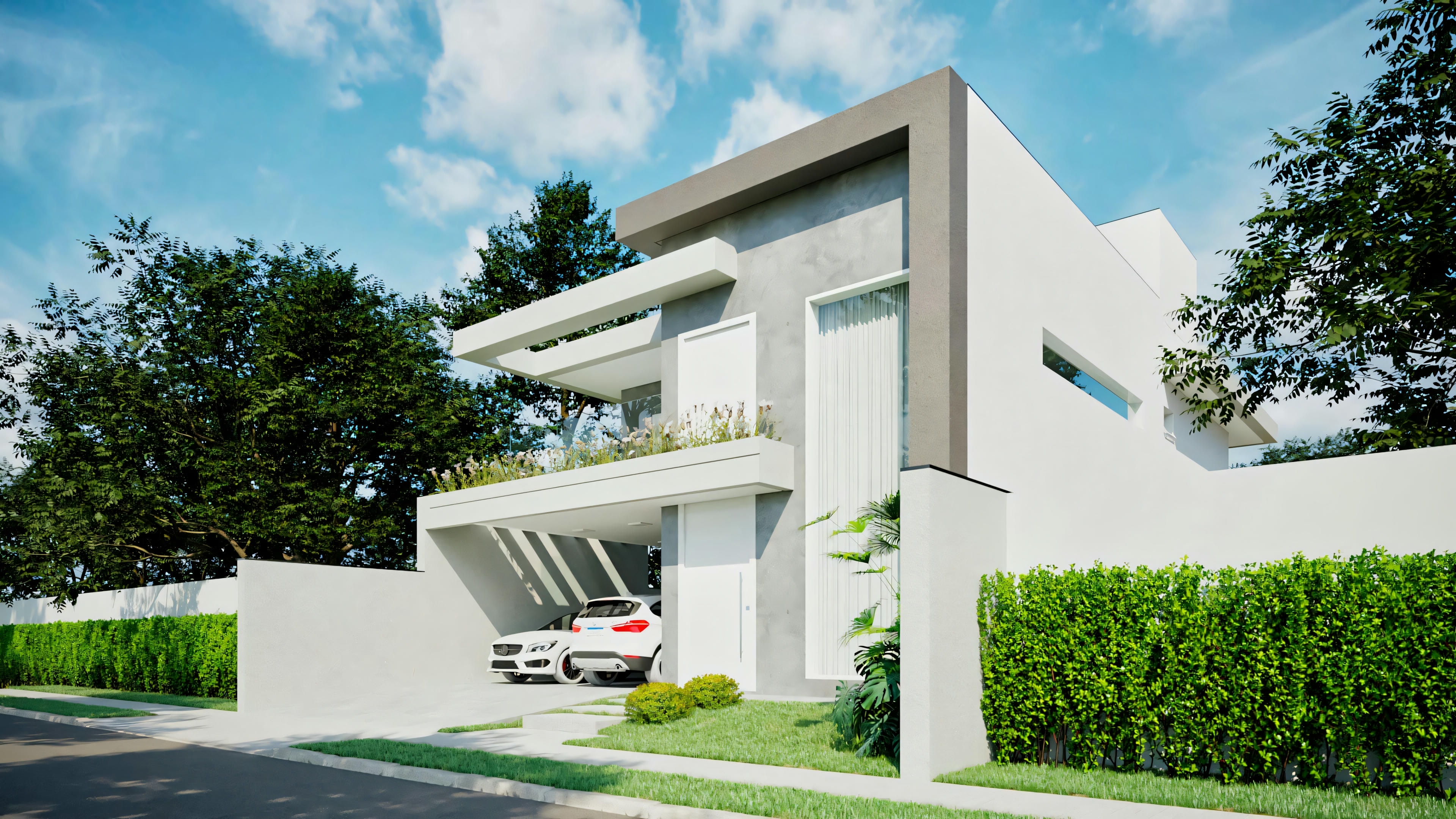Vista lateral del proyecto residencial moderno ArchShop, exhibiendo garaje cubierto para 2 autos, fachada contemporánea con pretil y paisajismo. Casa con 3 suites, piscina, área gourmet y 250.56m² en terreno 12x25.