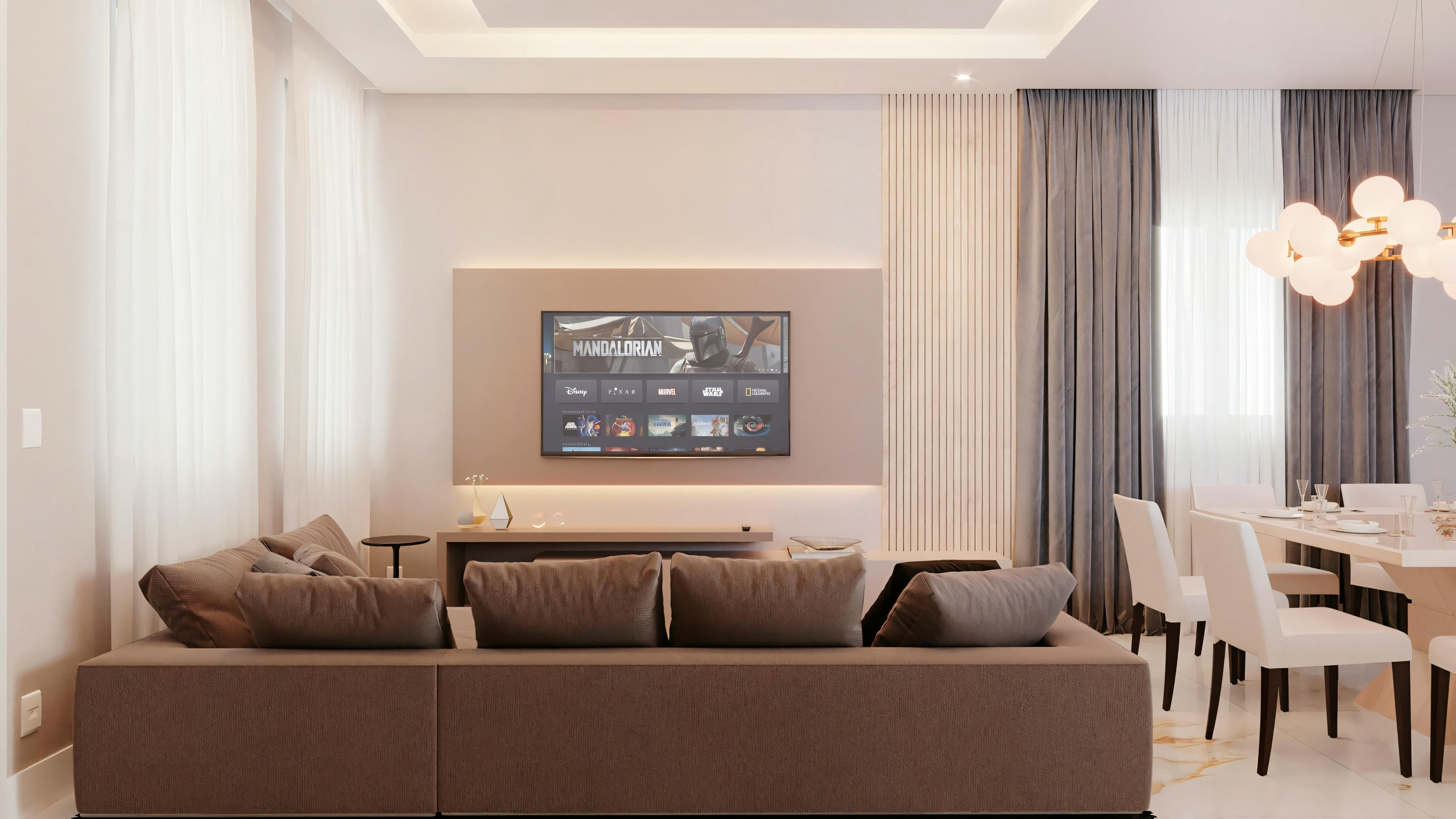 A living room with a sofa, chairs, dining table, and wall-mounted television.