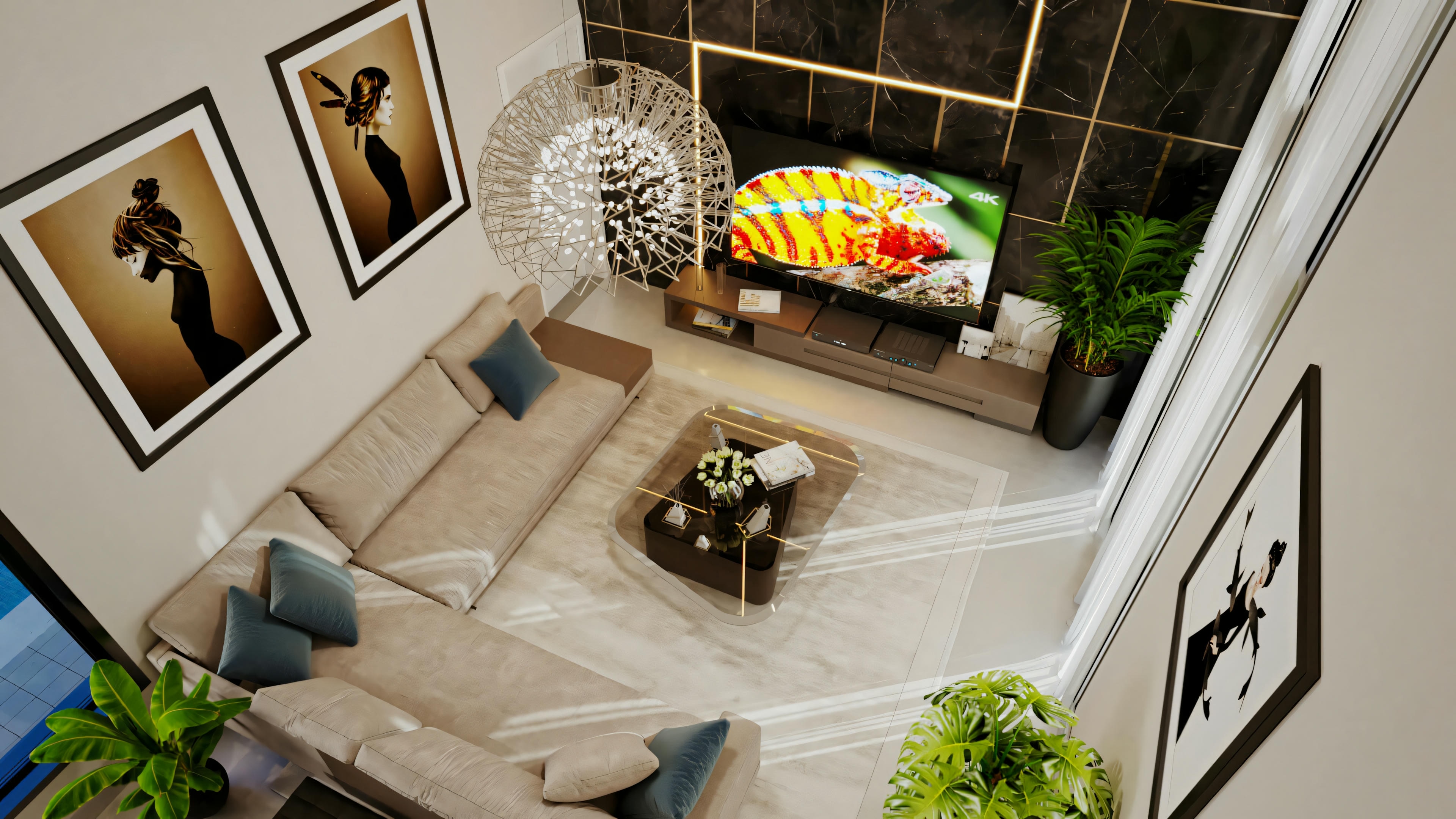 Indoor space with sofa and colorful pillows.