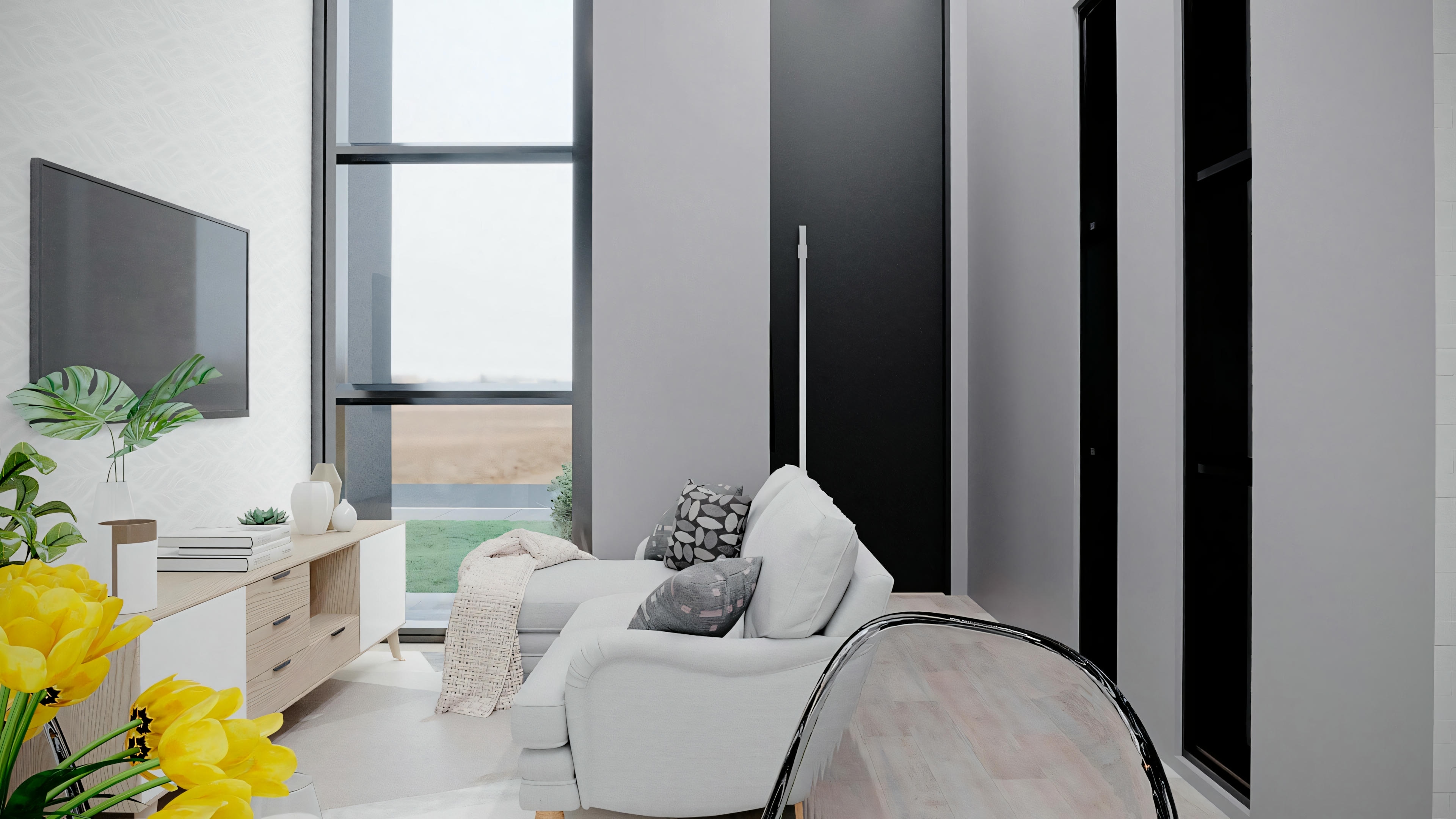 Living room with white sofa and green plants.