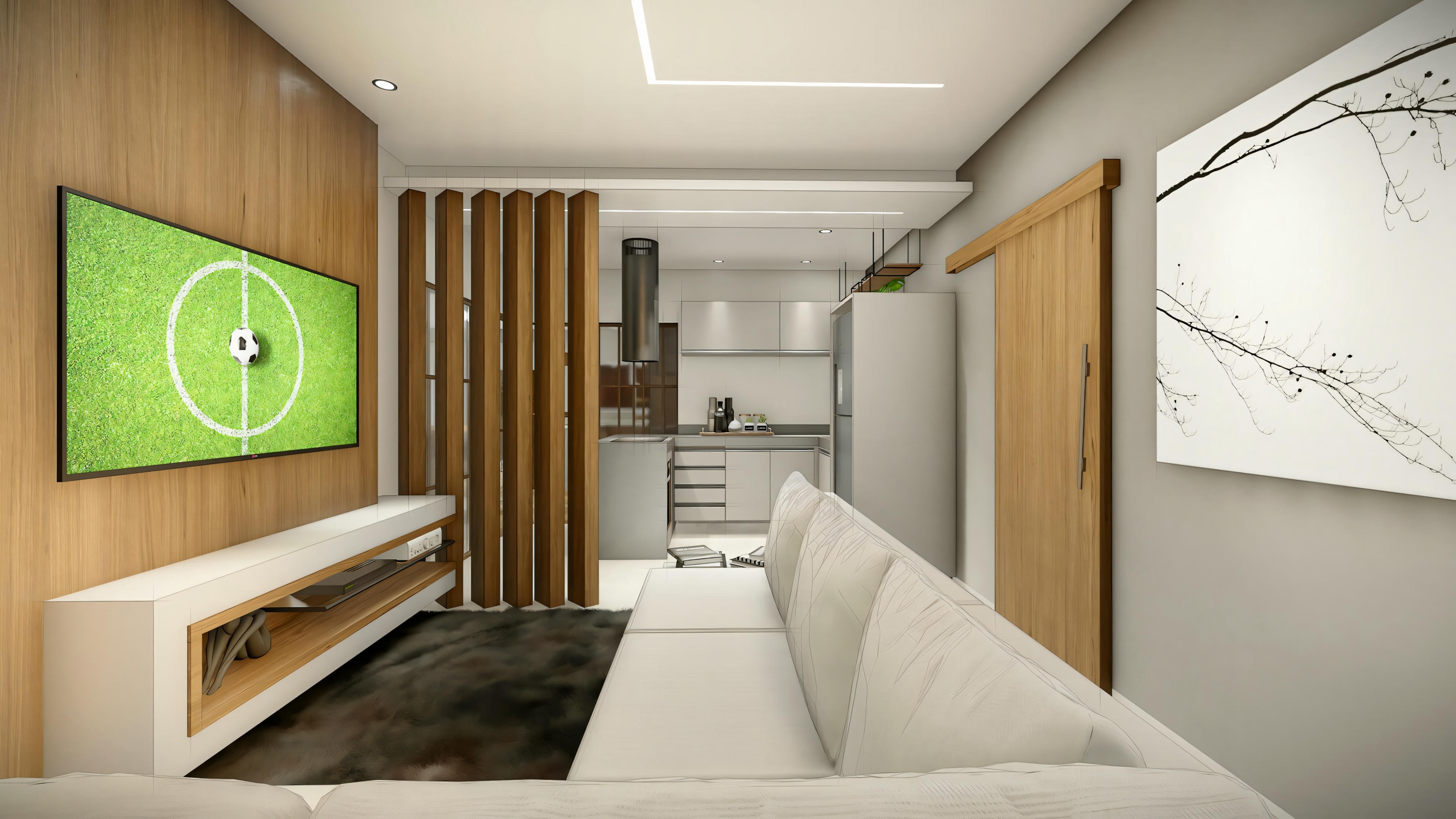 Living room with wall decoration.
