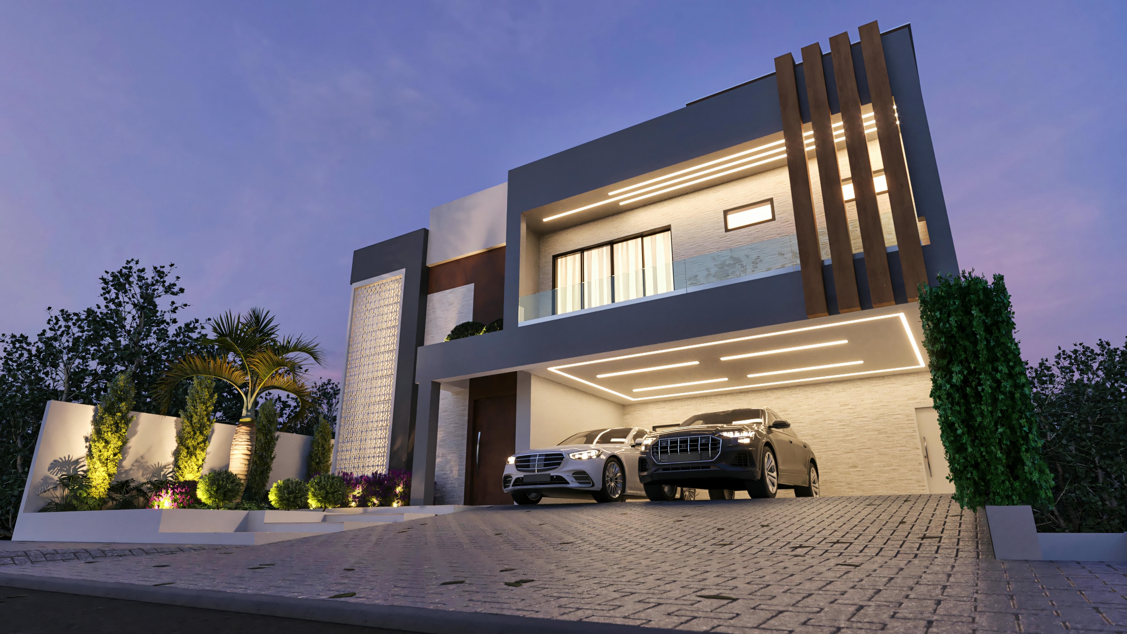 Modern 394.84sqm house project with illuminated facade at night, 4 suites, pool, office, and gourmet area. Highlight for built-in lighting in the 3-car garage slab, vertical wood details, and illuminated openwork element, on a 20x25 lot.