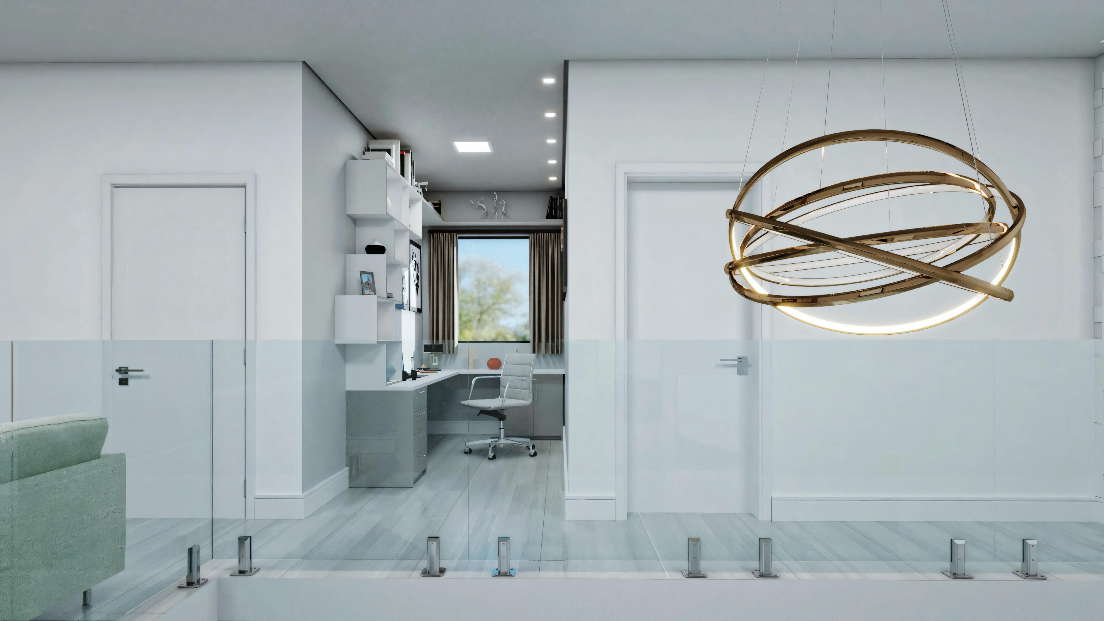Entrance of a modern house with a bench and decorative wall elements.
