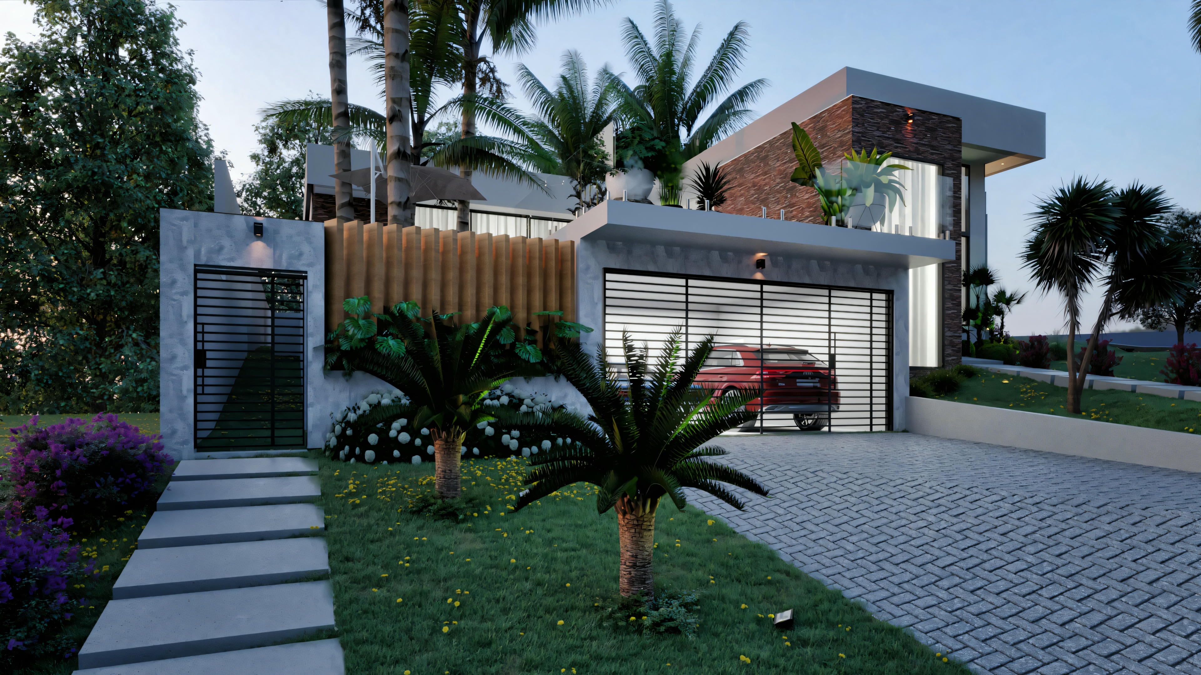 Front facade of a modern house with a gate.