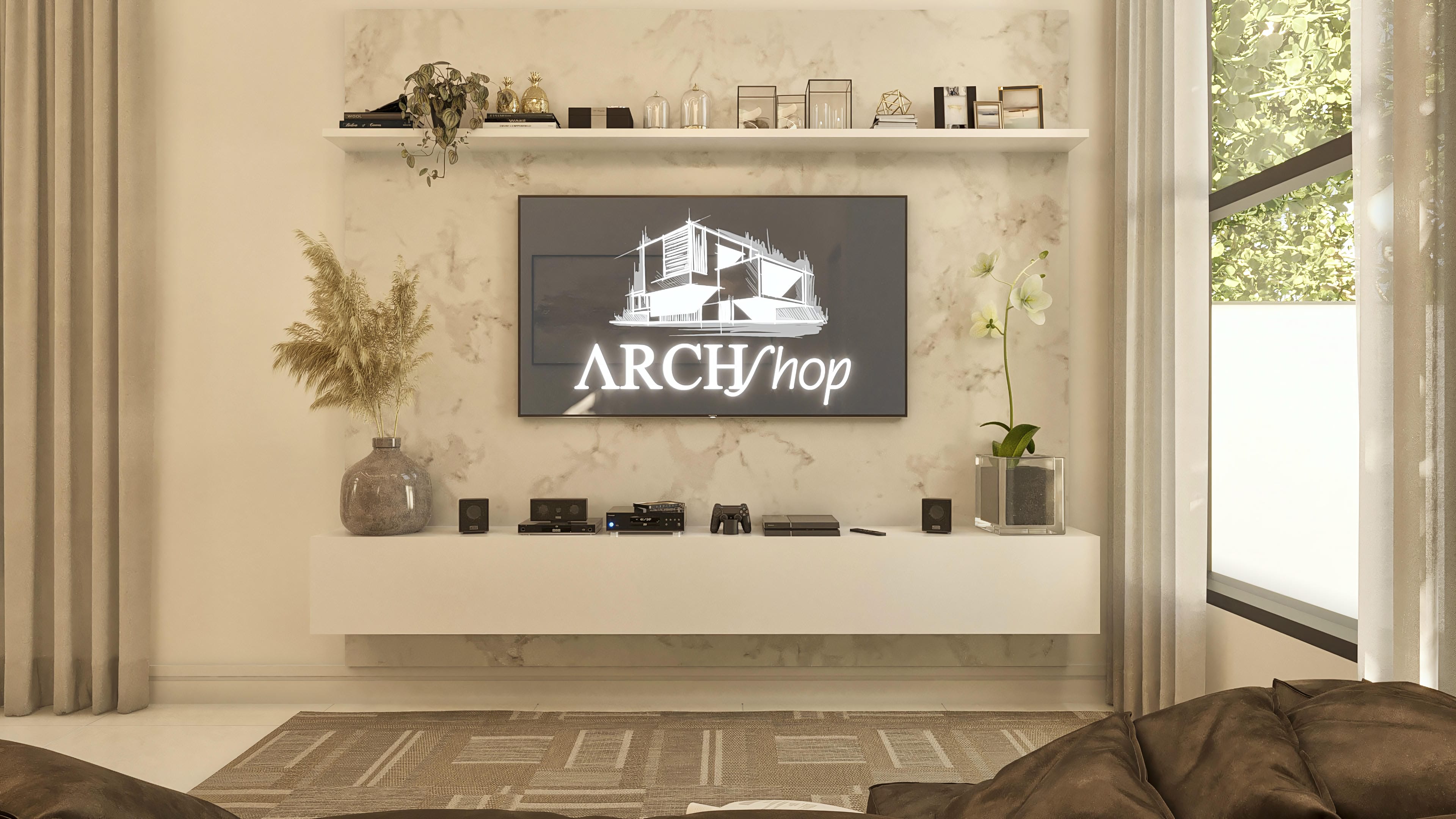 Interior of a modern living room with textured marble walls, floating shelf with decorative objects, large-screen TV, and elegant curtains.