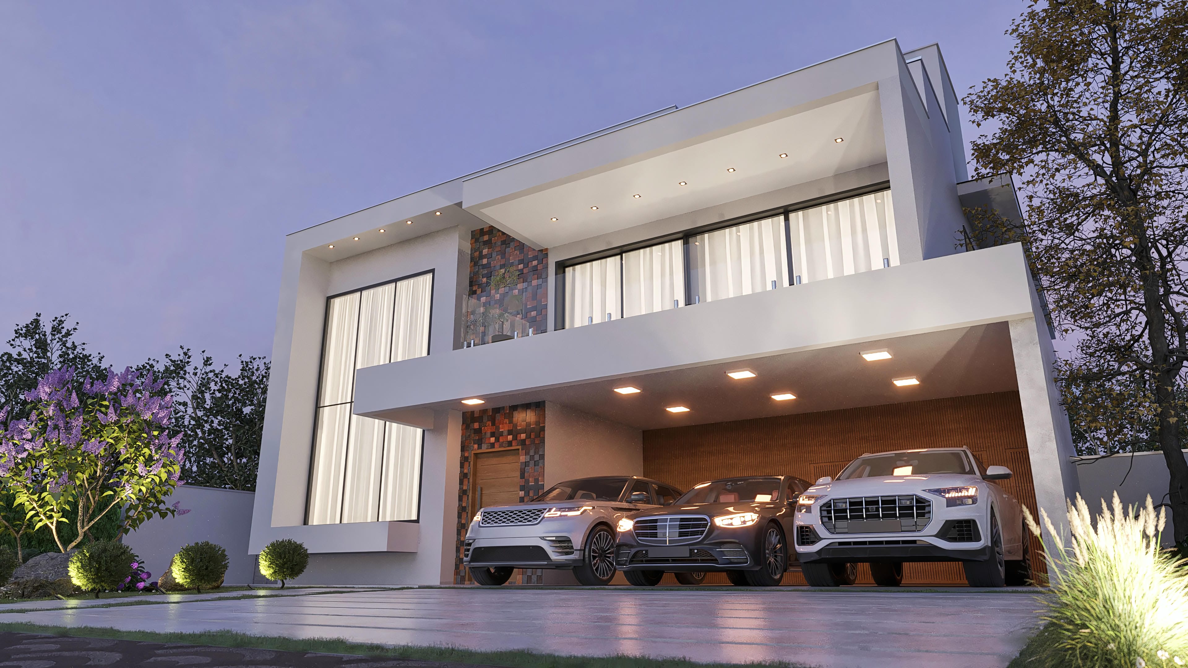 Modern two-story house facade with 4 suites and office. Project with clean volumes, large windows, and wood and stone details.