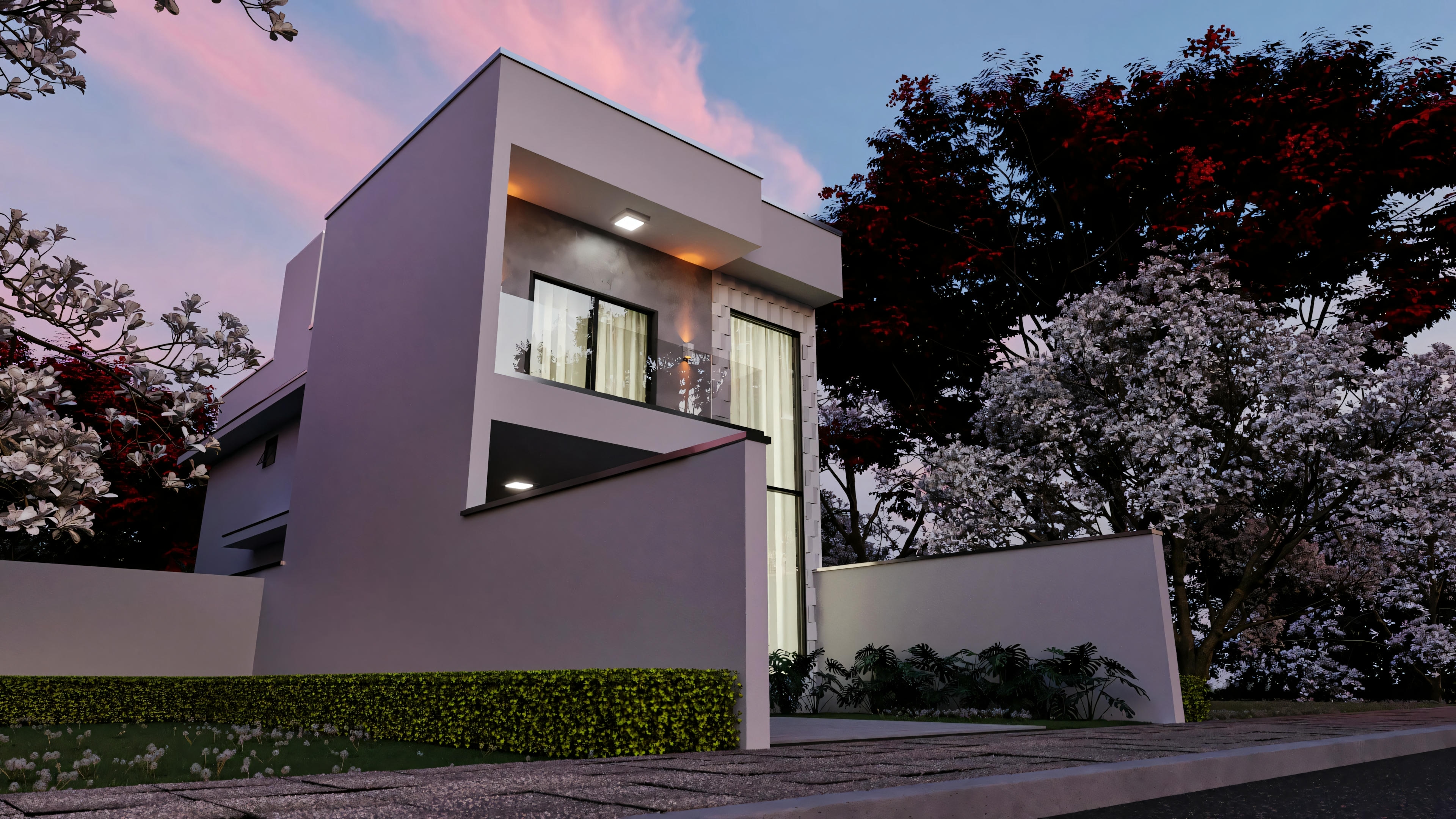 Modern house at dusk with angular design, prominent geometric shapes, and large windows, under a pinkish sky.