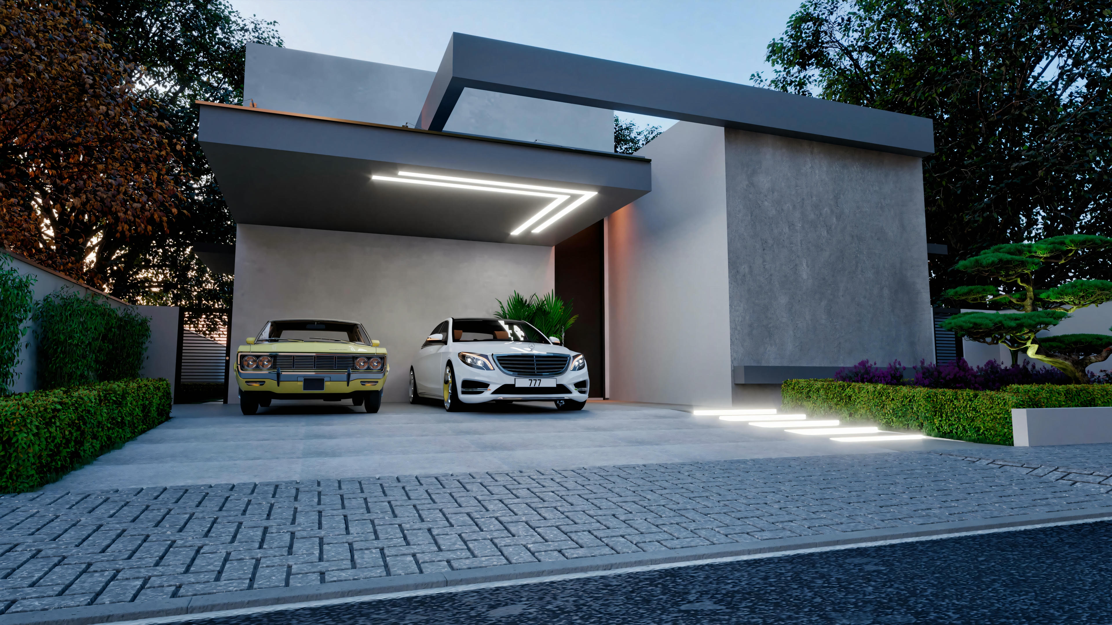 A modern house at dusk with an illuminated facade and a flat roof.