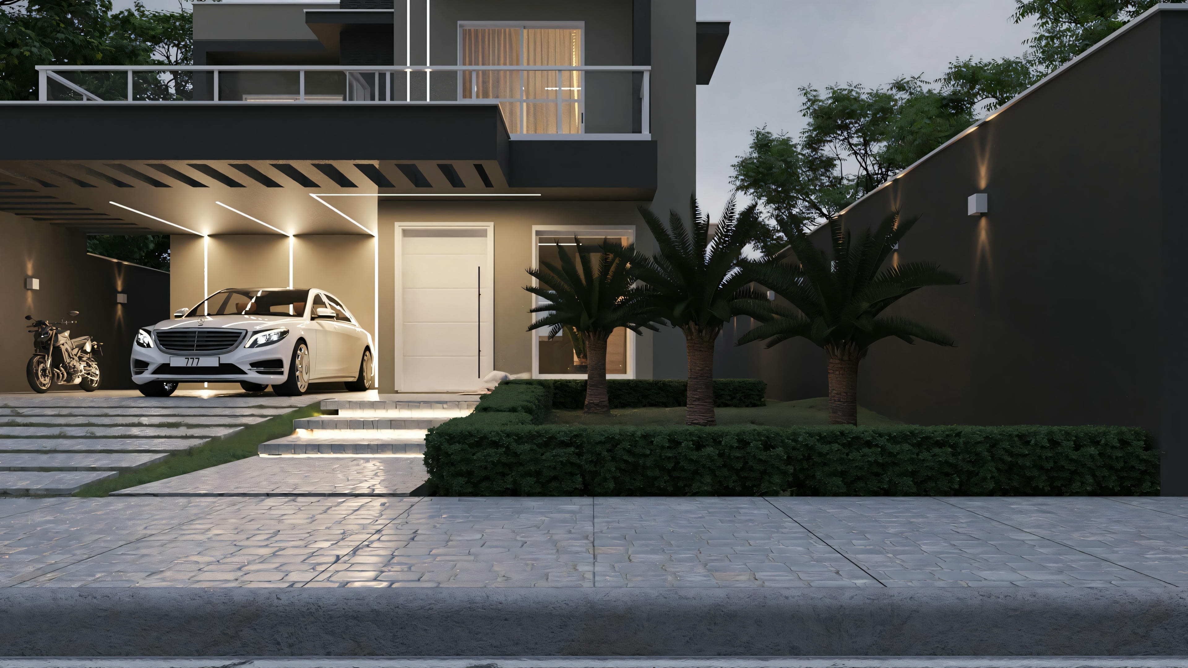 External view of a modern house at dusk, with illuminated interiors and a car parked outside.
