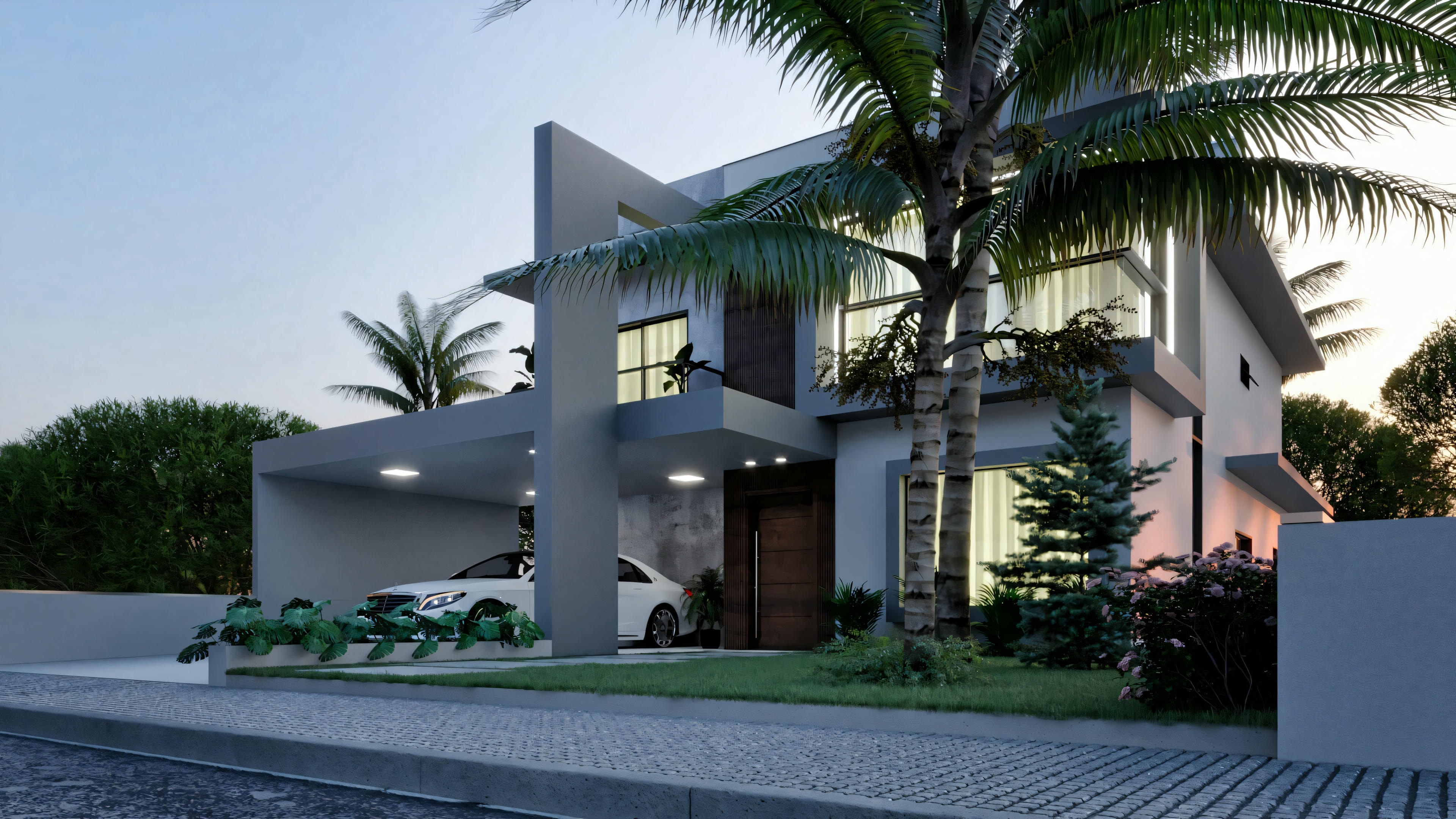 Facade of a modern house with clean lines and large windows.
