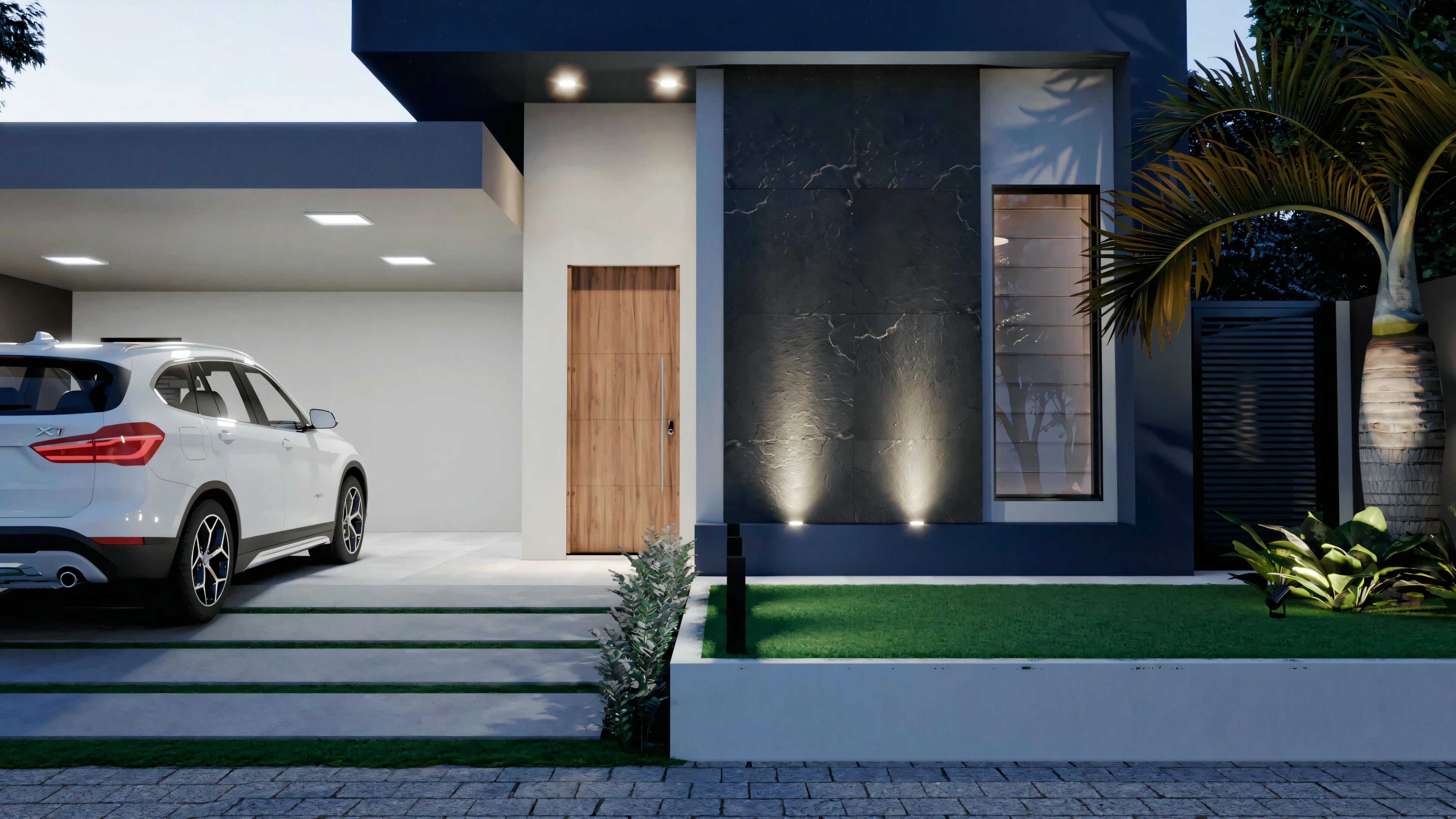 Facade of a modern house with a flat roof, white car parked in the driveway, green lawn with plants, and path leading to the front door.