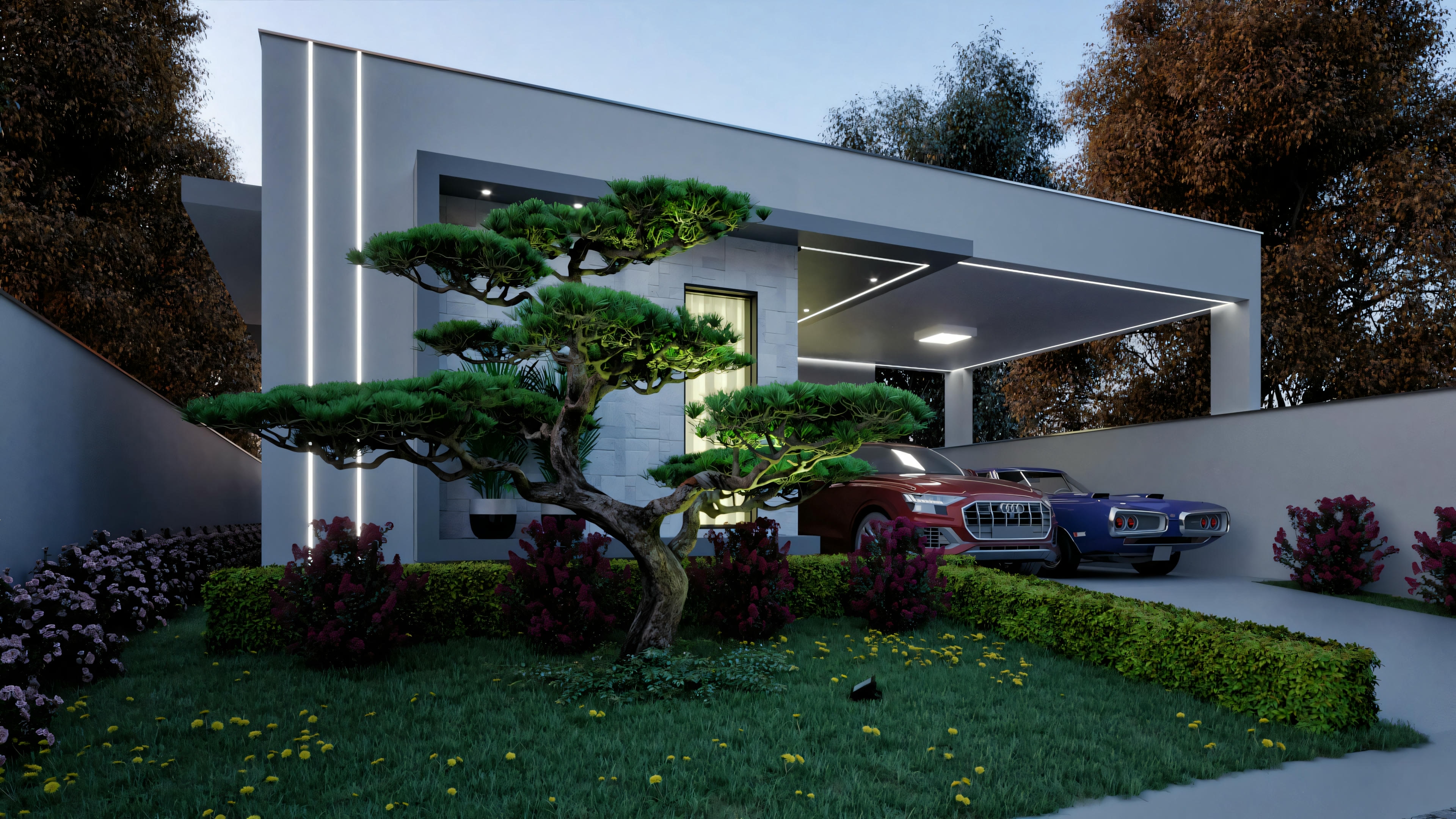 A modern house with a flat roof, large windows, and surrounded by greenery.