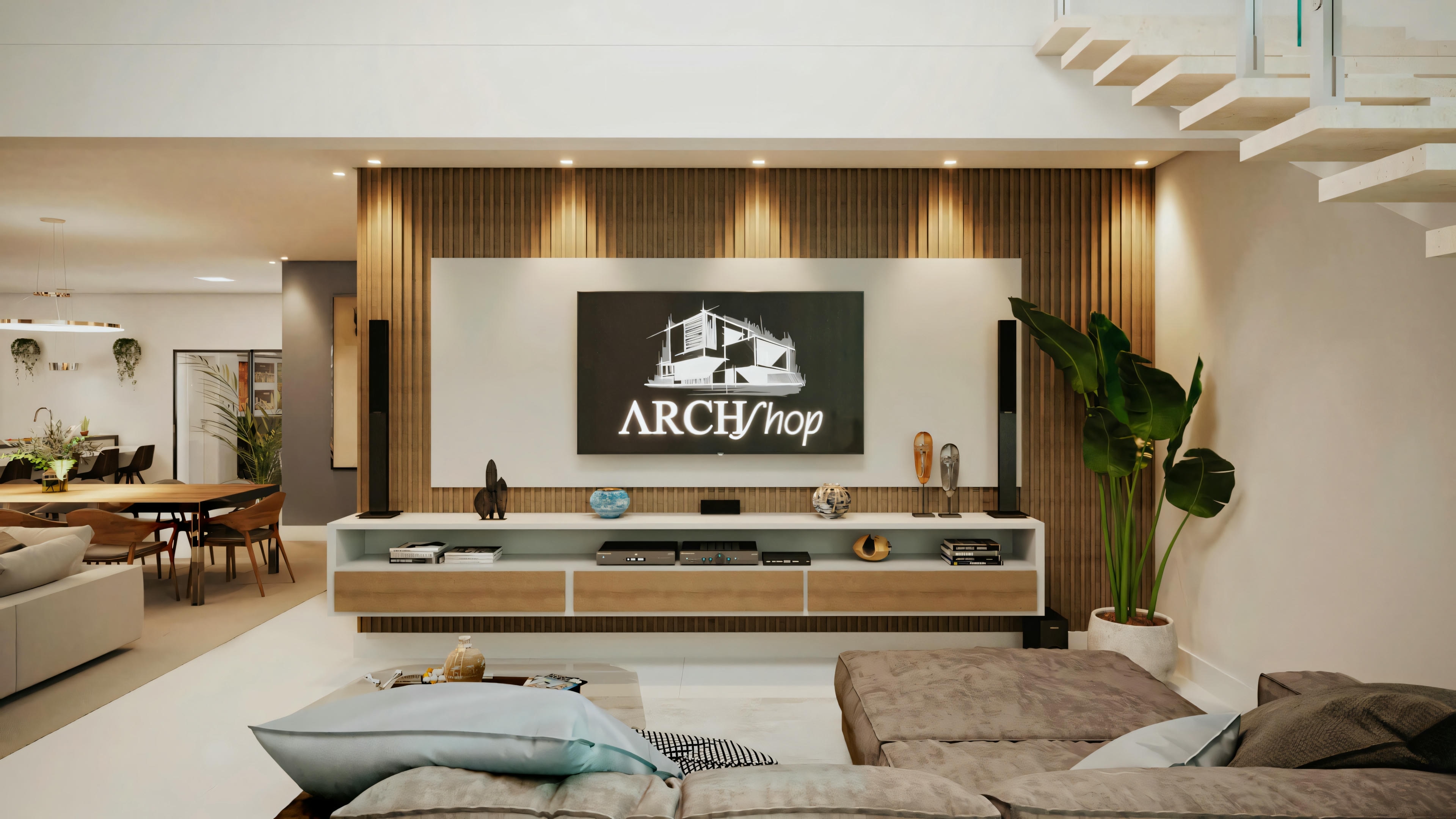 Modern living room with a large sofa, coffee table, and an entertainment unit with a television.