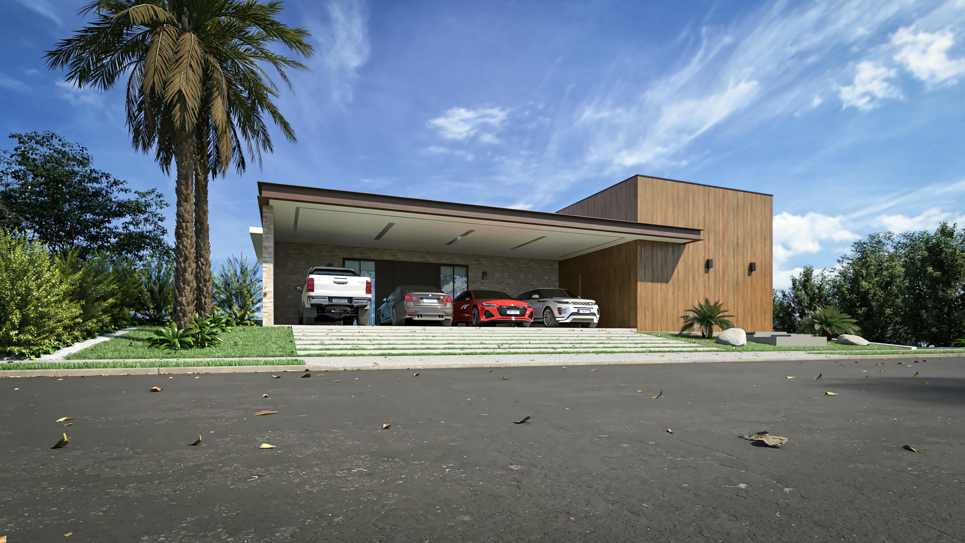 Imposing modern mansion project with facade illuminated at dusk. 555.9m² house with 4 suites, 3-car garage, and contemporary design highlighted by artificial lighting.