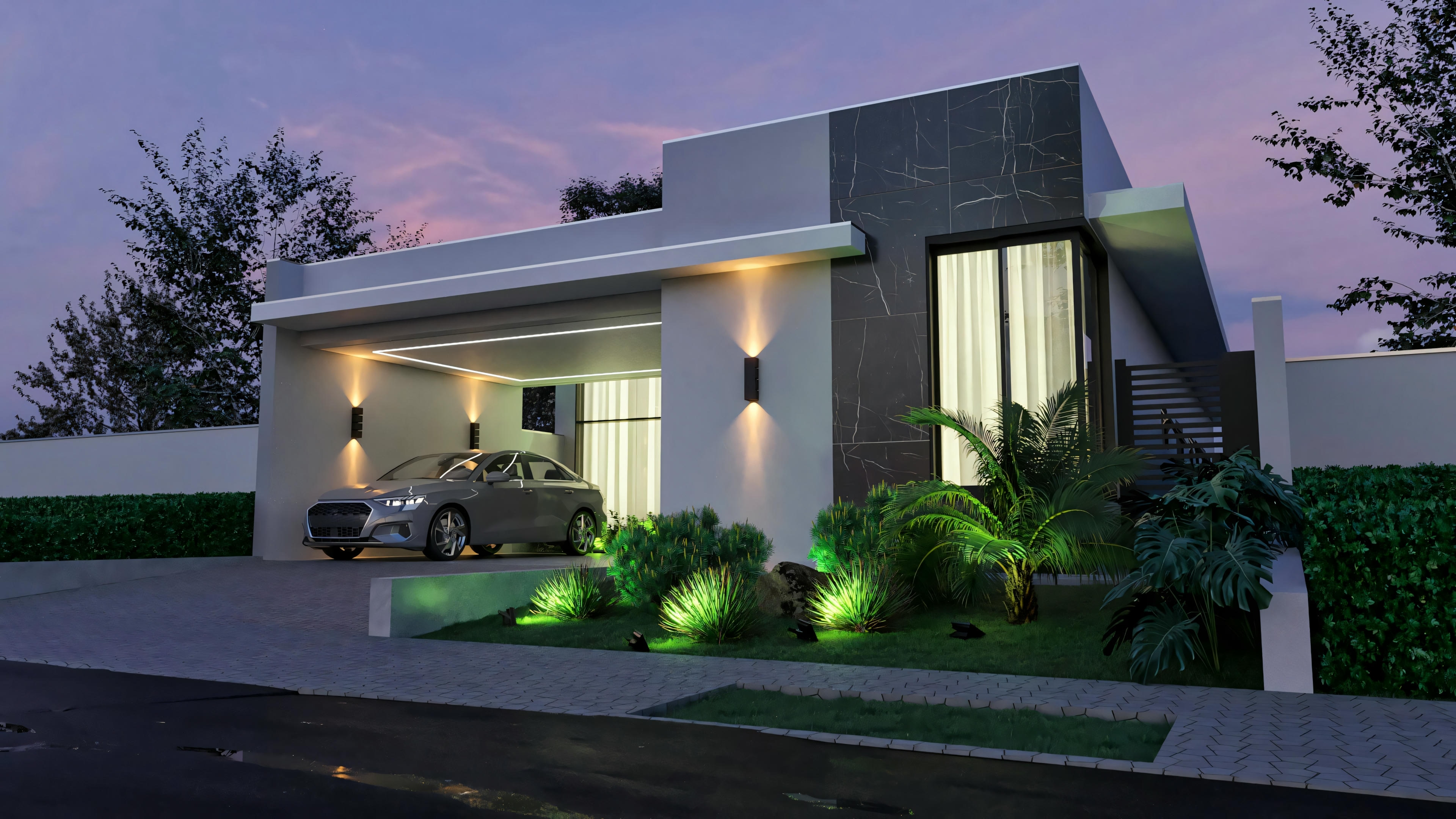Night view of the modern ranch house facade with 3 bedrooms (3 suites) and 196m² area. Highlight for the lighting project with wall sconces, garden spotlights, 2-car garage, and enhanced landscaping.
