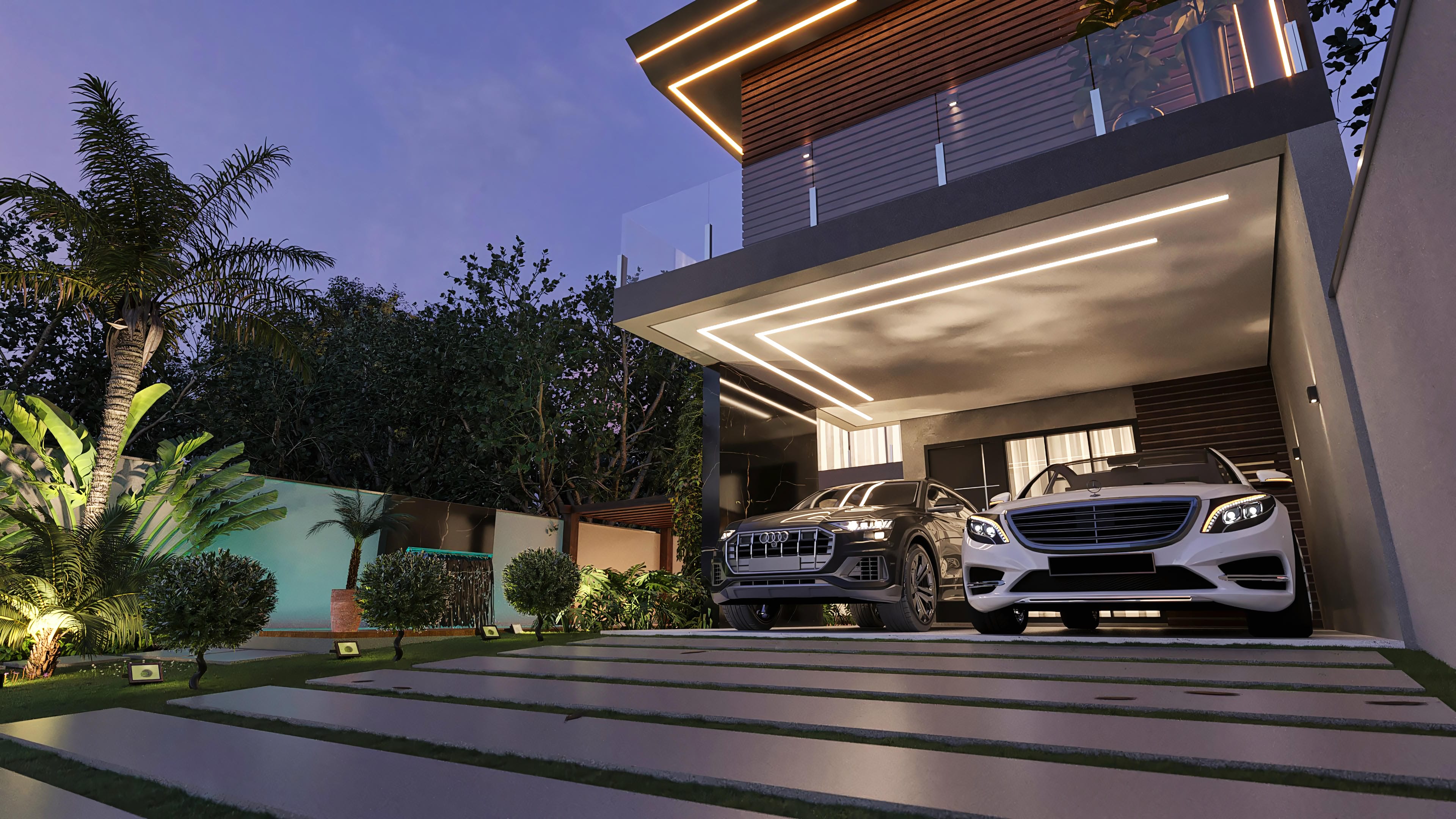 Modern facade of a two-story house with 4 suites, highlighting the LED lighting on the balcony and wood details.