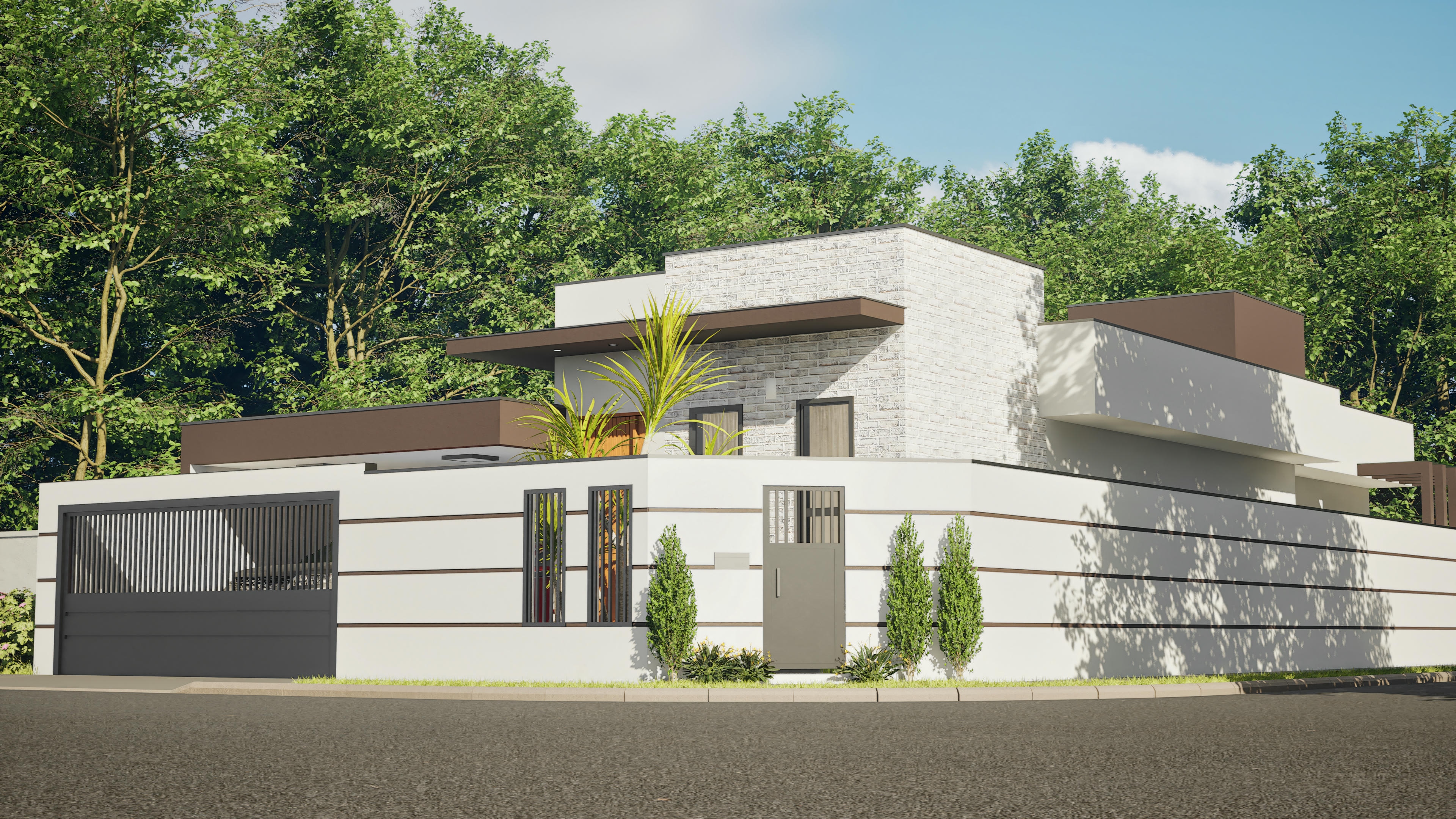 Modern facade of a two-story house, with a flat roof and minimalist details.