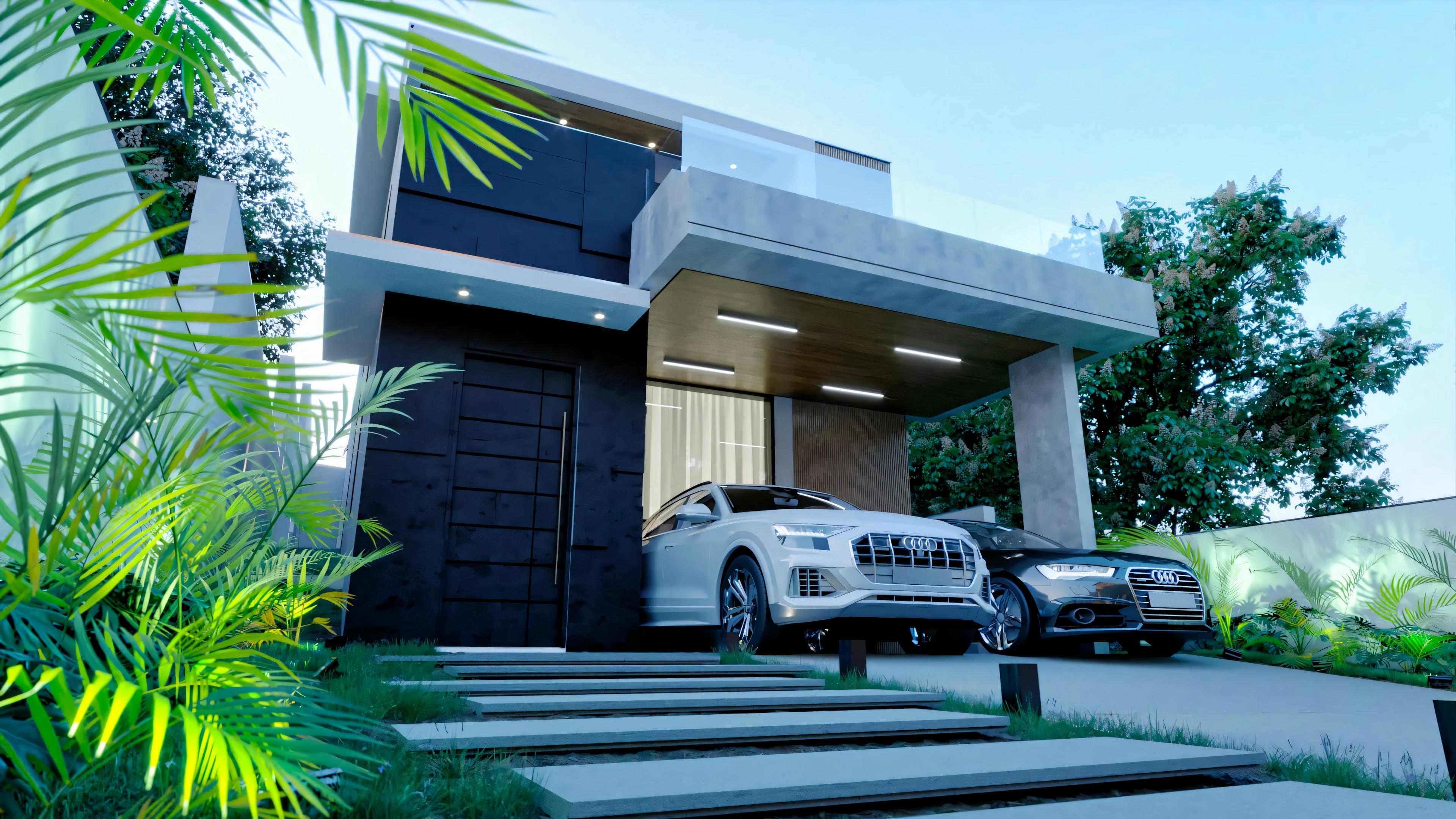 Modern two-story house with a flat roof, large glass windows, and a concrete facade.