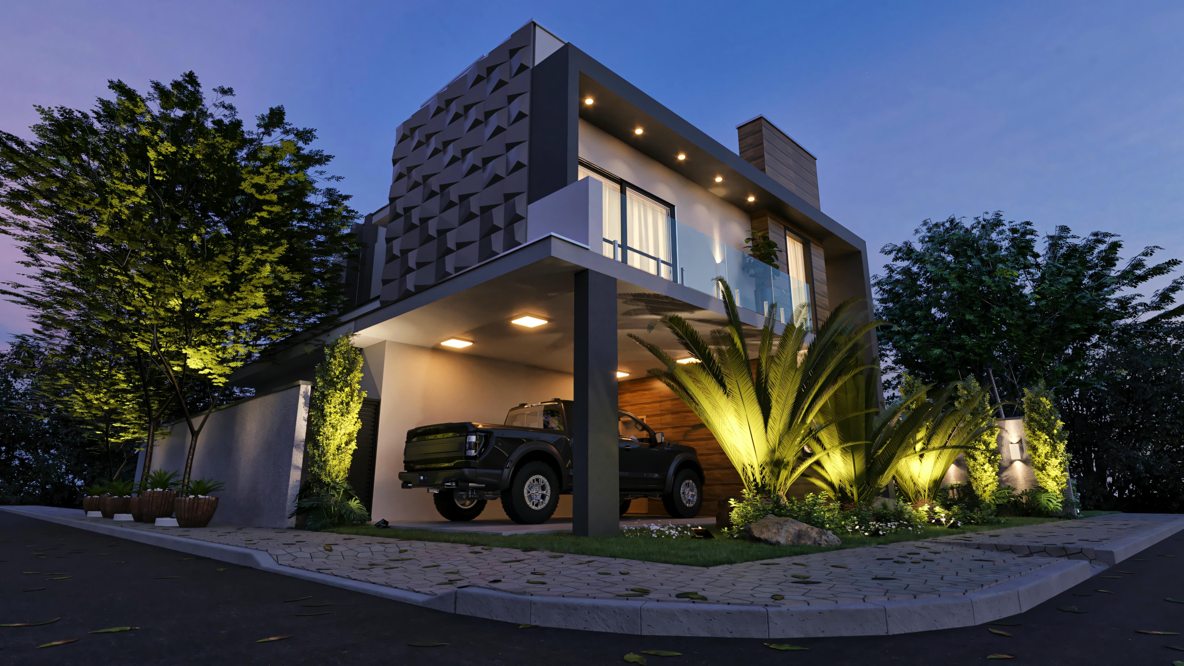 Angled night view of a modern two-story house with a gable and illuminated facade, highlighting the side cladding and garage. House model with 4 bedrooms (3 suites), 210.57sqm on a 13x18 lot.