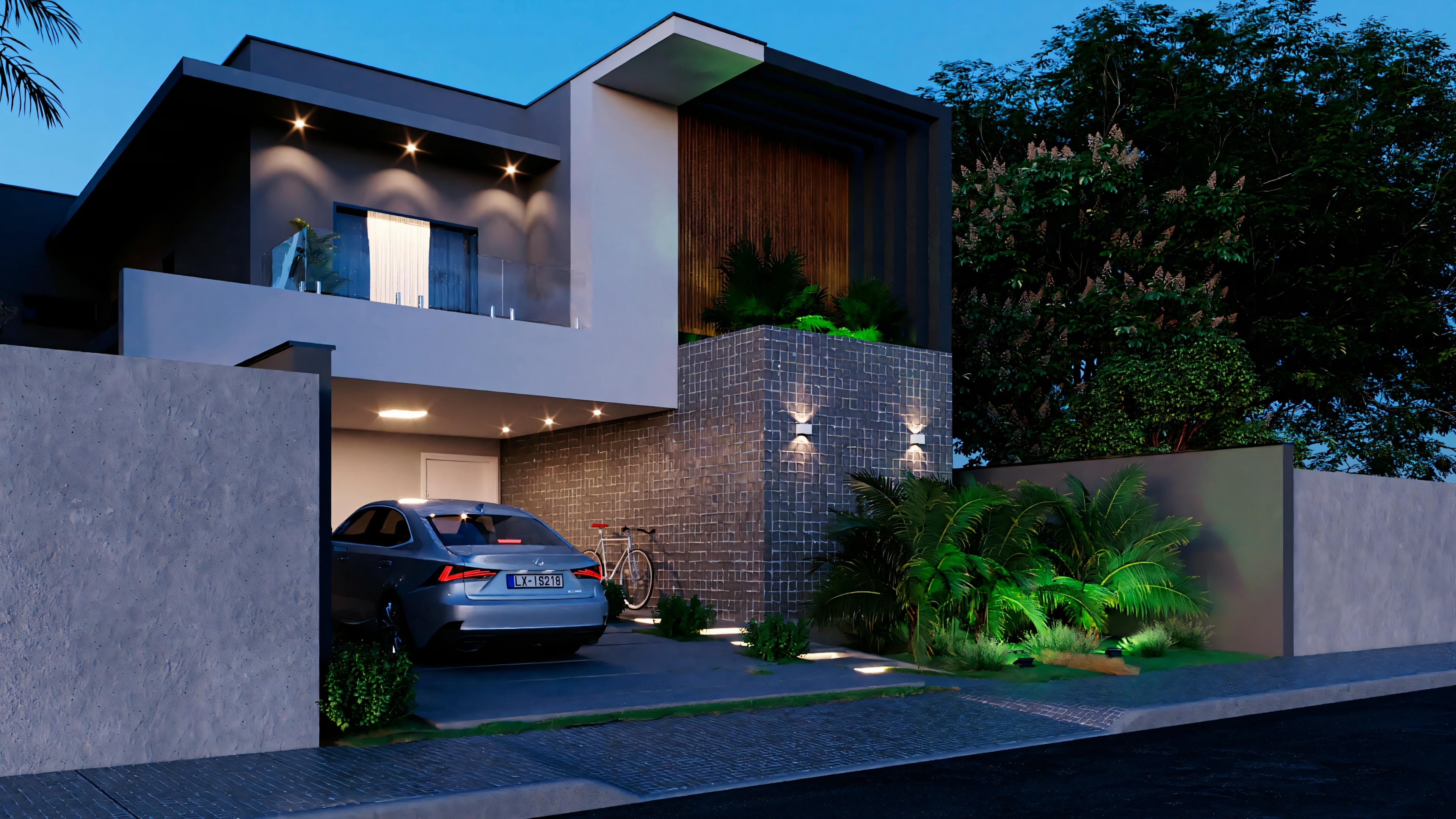 Night view of the modern house, illuminated by external lights, highlighting the architecture and wooden details.