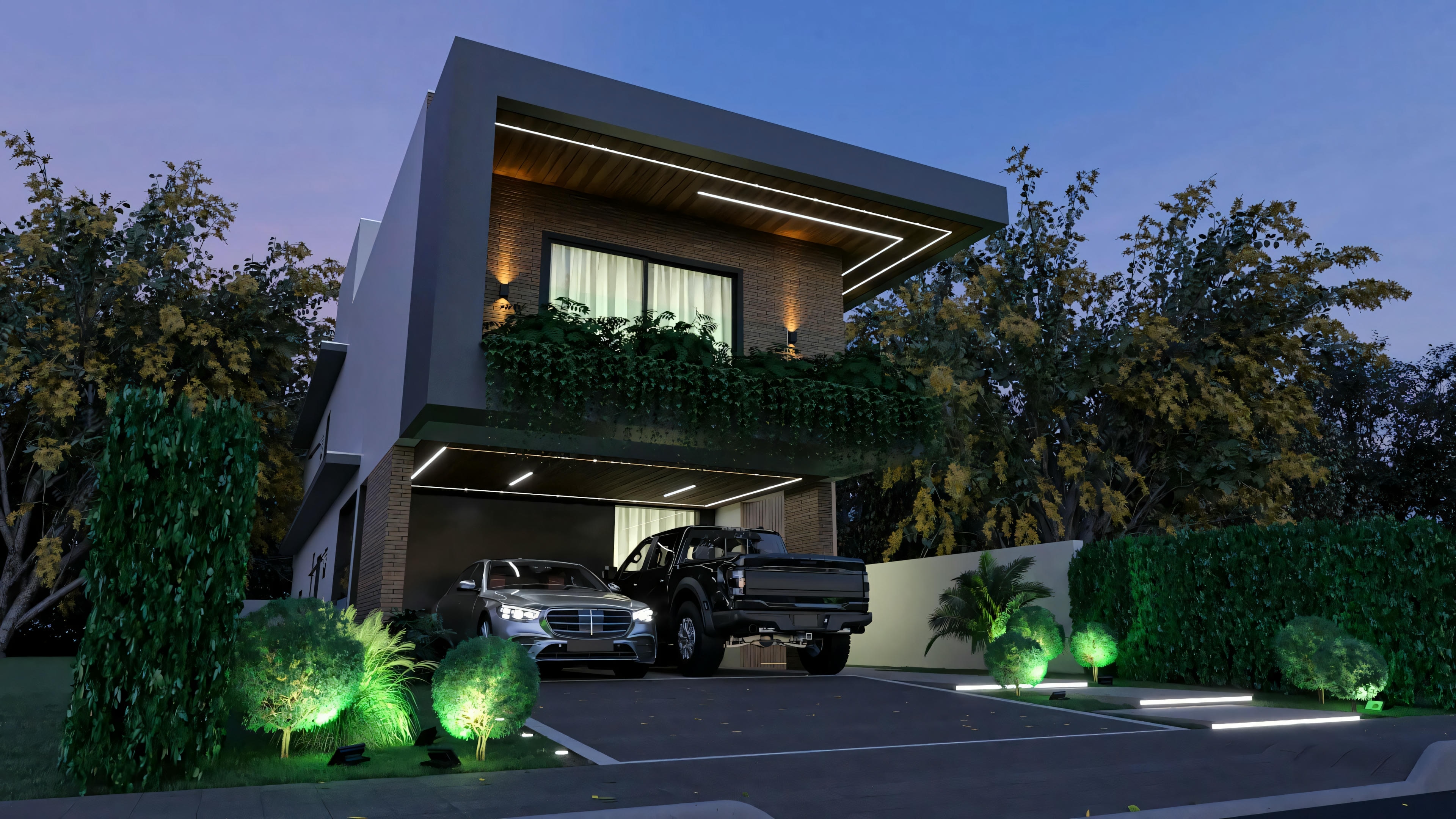 Ángulo nocturno de la fachada de la casa de dos pisos de 330m², estilo moderno-industrial, con proyecto de iluminación LED destacando paisajismo, garaje doble y detalles arquitectónicos.
