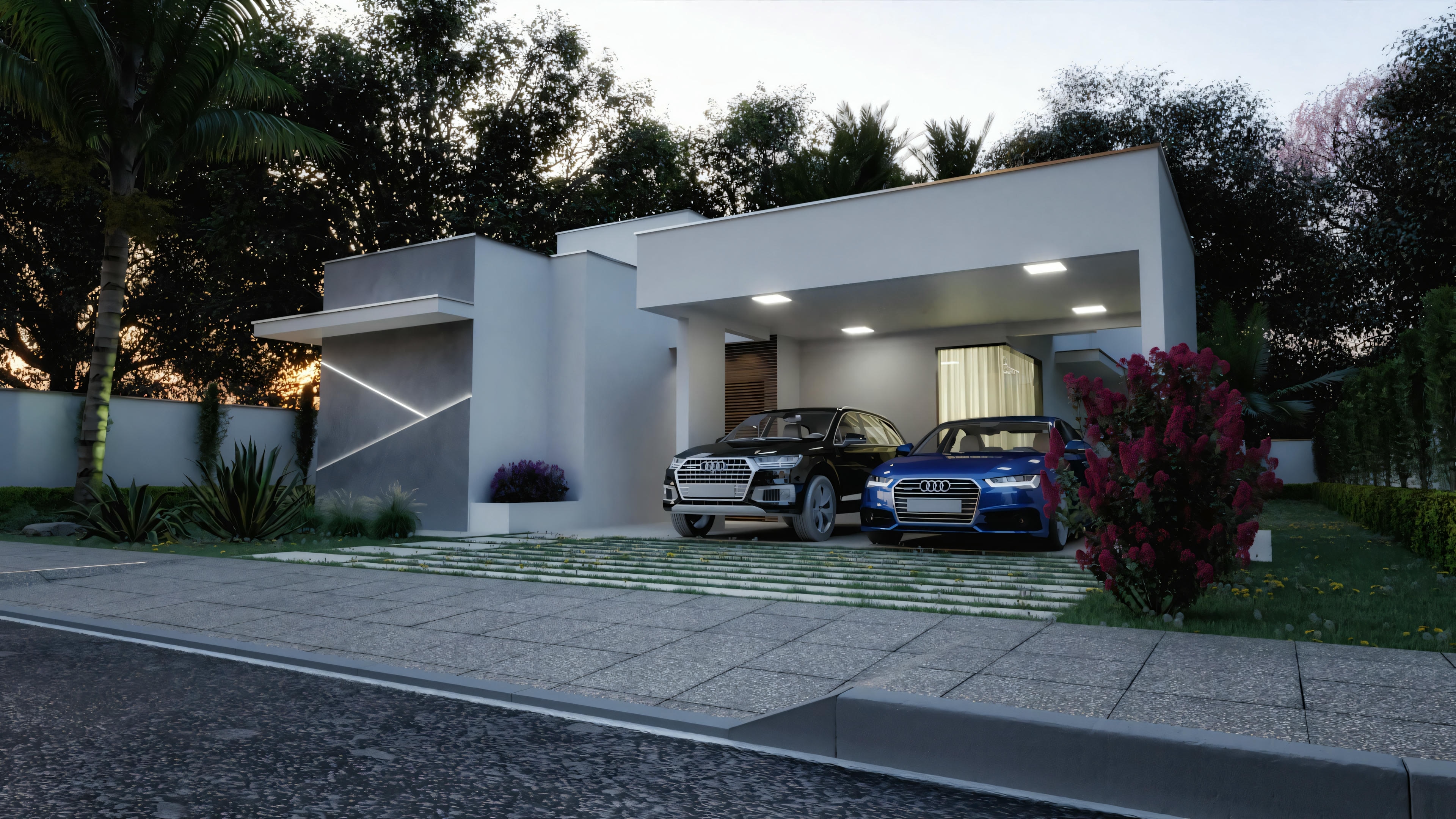 Projeto pronto de casa térrea com 2 suítes em vista noturna, destacando a fachada moderna com detalhe de linhas iluminadas e garagem para 2 carros. Planta de casa com 170.8m² em terreno 18x30, incluindo 3 quartos (2 suítes) e área gourmet.