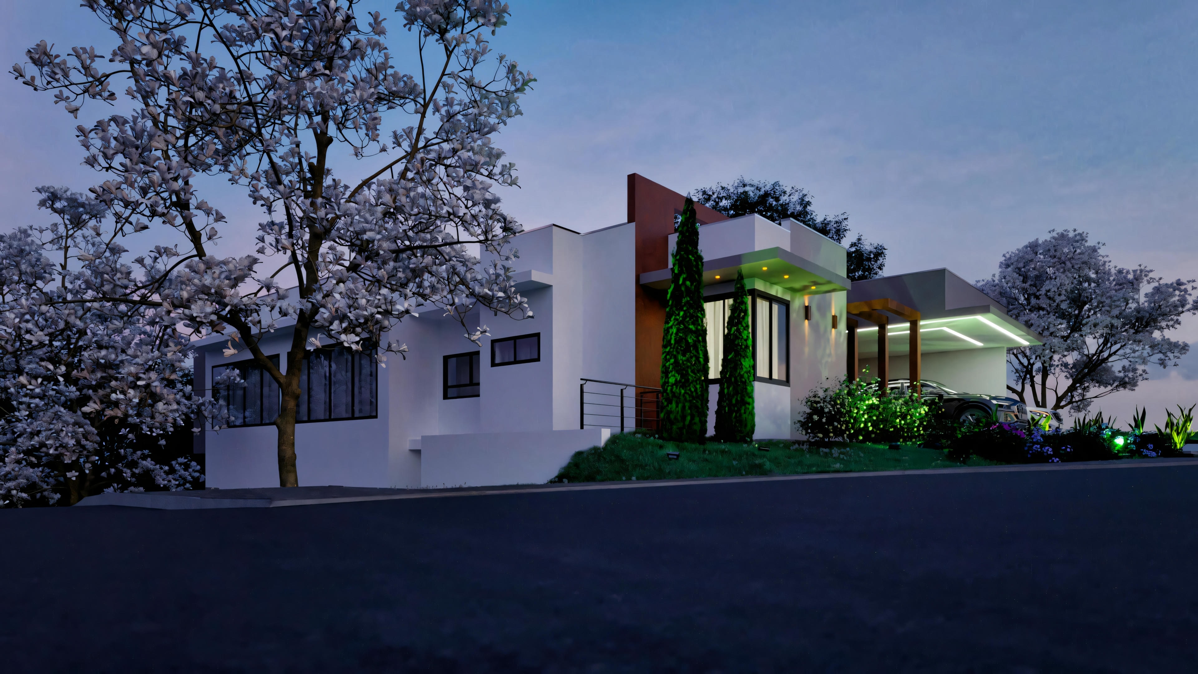 Vista lateral noturna de projeto pronto para casa térrea com 5 suítes (364.7m²). Iluminação valoriza a arquitetura moderna, detalhes da fachada e paisagismo integrado em terreno 18x35.