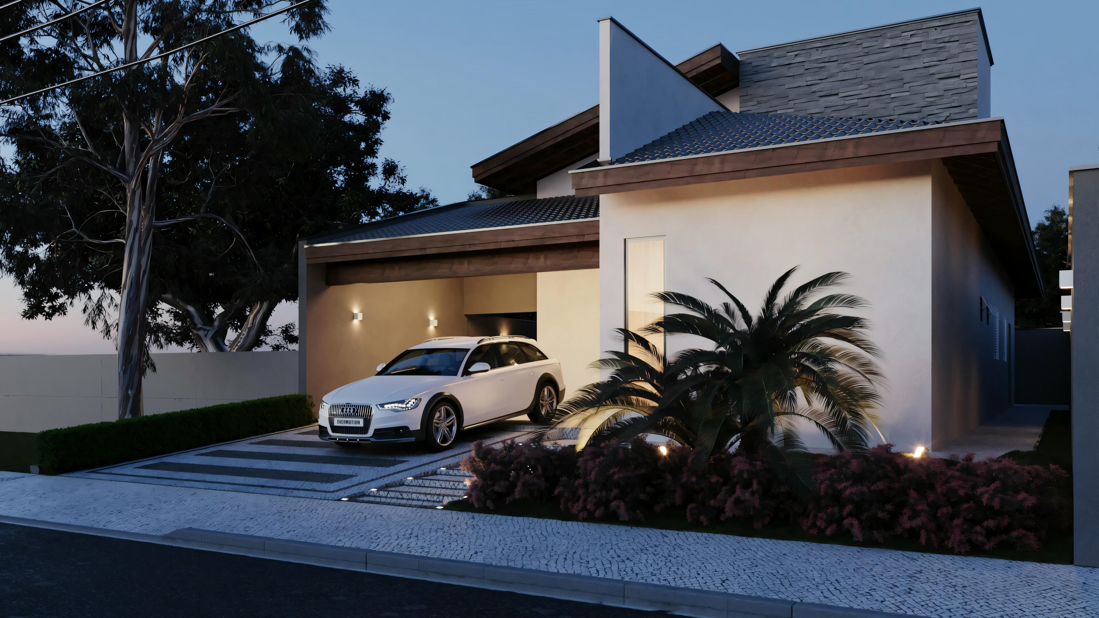 Iluminación nocturna de la fachada de casa de planta baja con techo visto, parte del proyecto moderno de 183m² con 3 habitaciones, garaje, área gourmet y piscina.