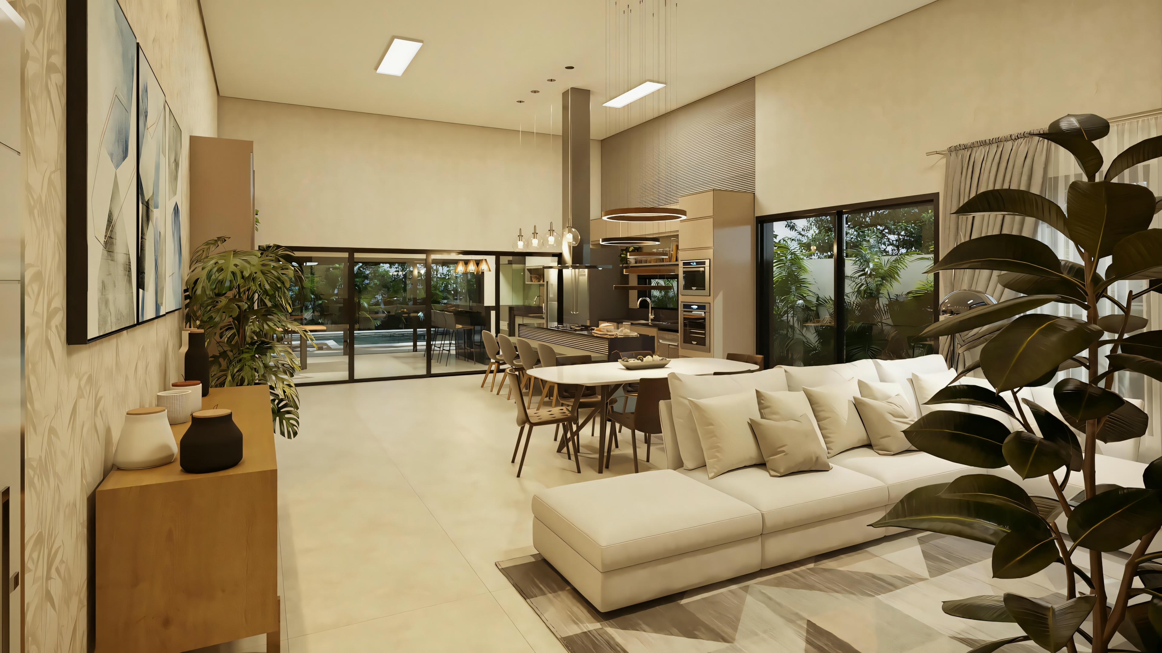 Una sala de estar bien iluminada y contemporánea, con grandes ventanales, asientos cómodos y plantas decorativas.
