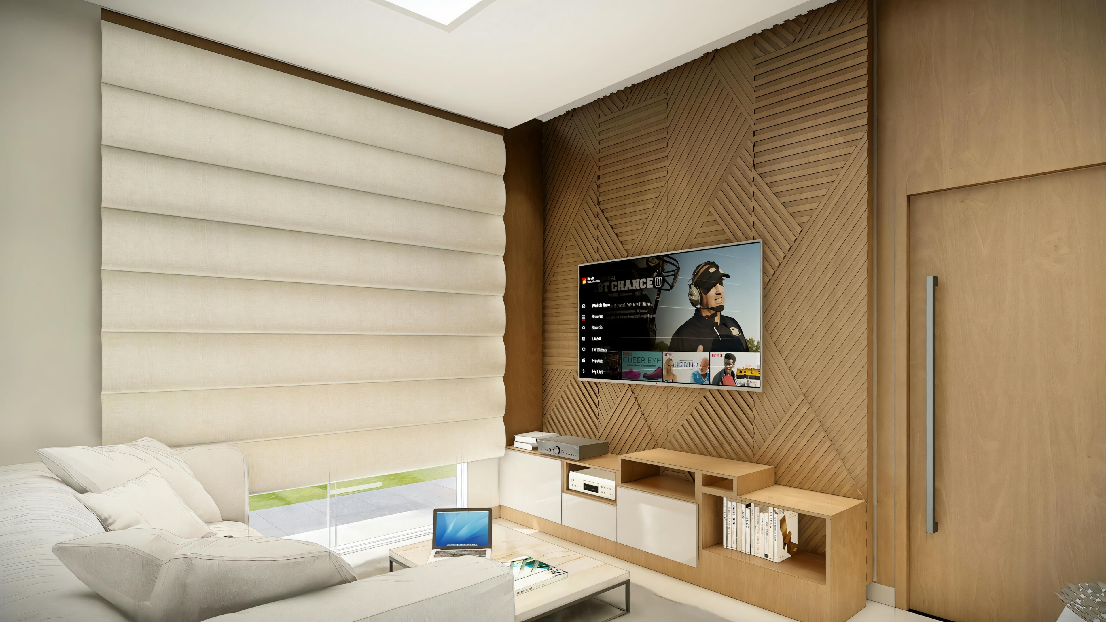 Sala de estar moderna con sofá, mesa de centro, televisión montada en la pared y paneles de madera.