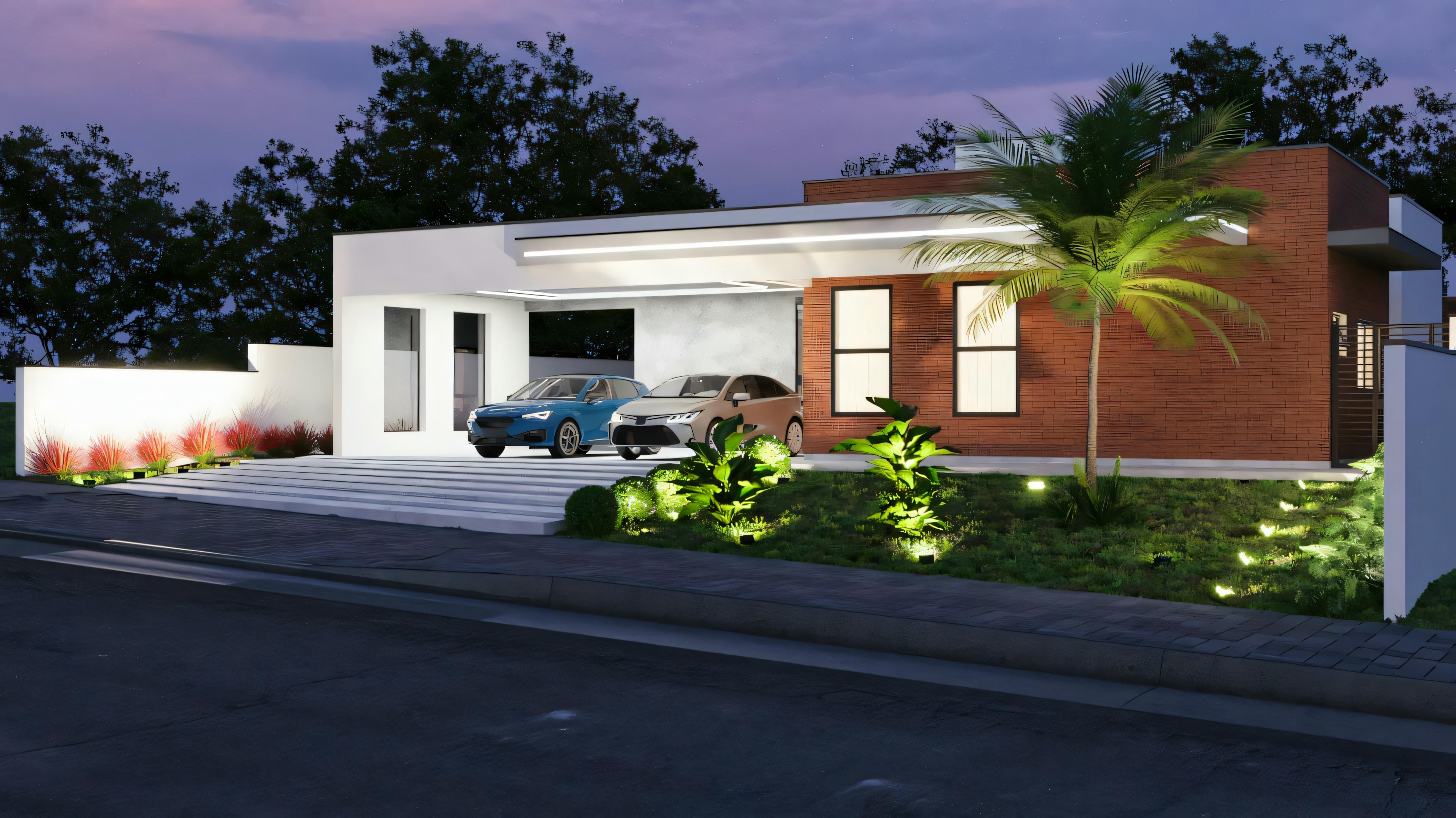 Facade with a 3-car garage.