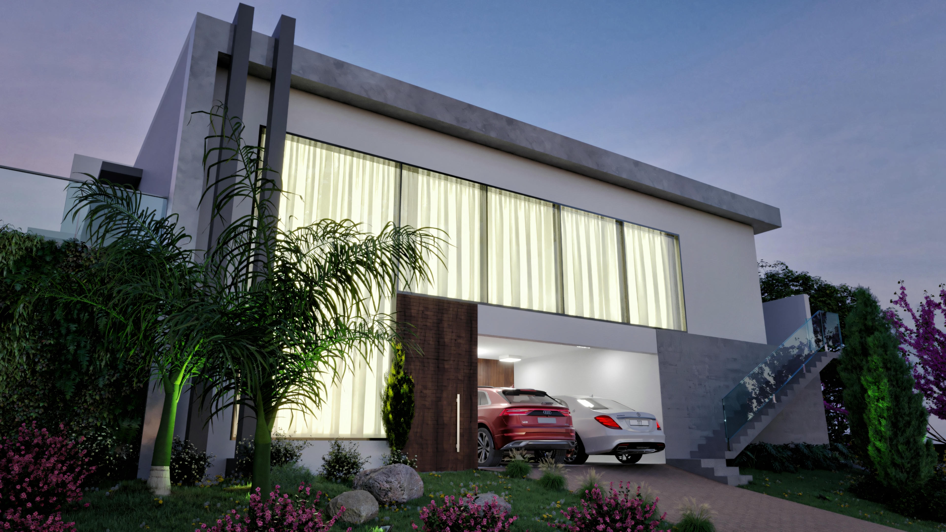 Ângulo noturno da fachada de casa moderna com 3 suítes, piscina e área gourmet de luxo. A iluminação destaca a arquitetura contemporânea de 335.08m², incluindo garagem dupla, escritório, e detalhes como o painel de madeira e o paisagismo com palmeiras.