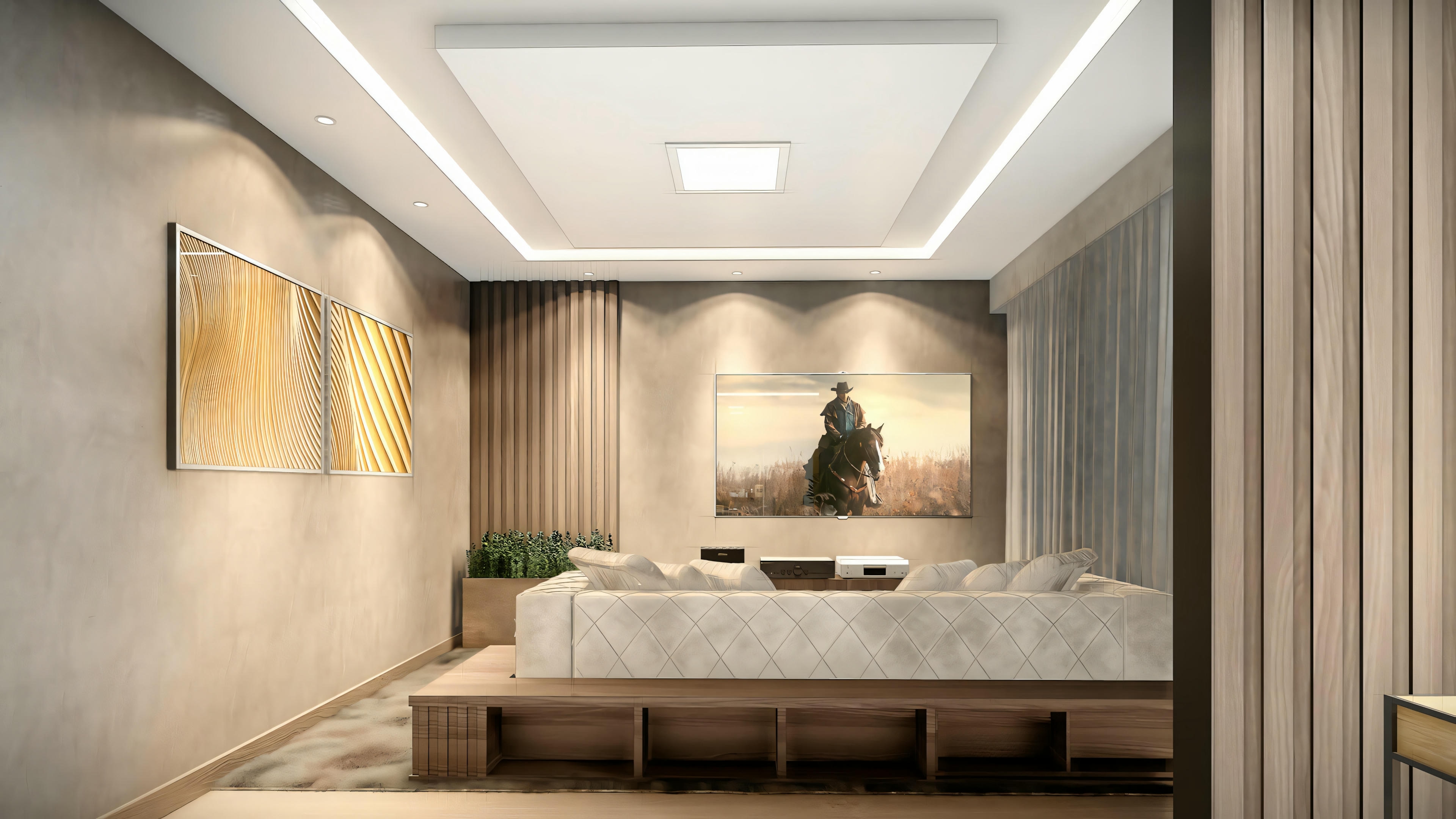 Modern bedroom with a large bed, side tables, and a wall-mounted digital screen displaying various colorful apps.
