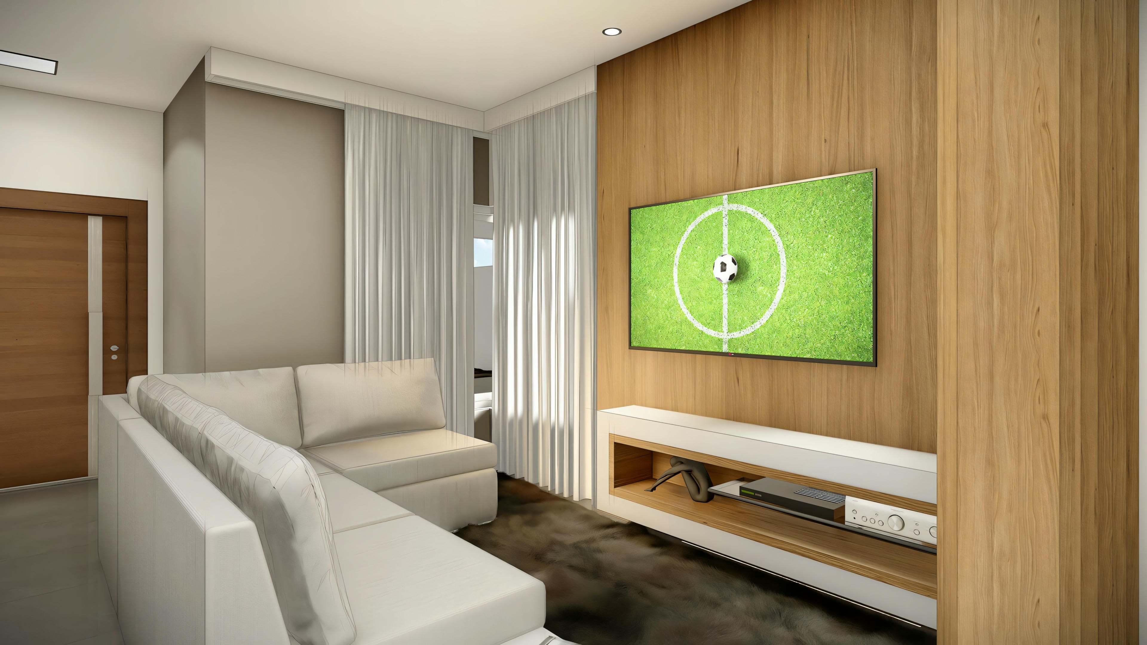 A bedroom with soft lighting and a textured wall.