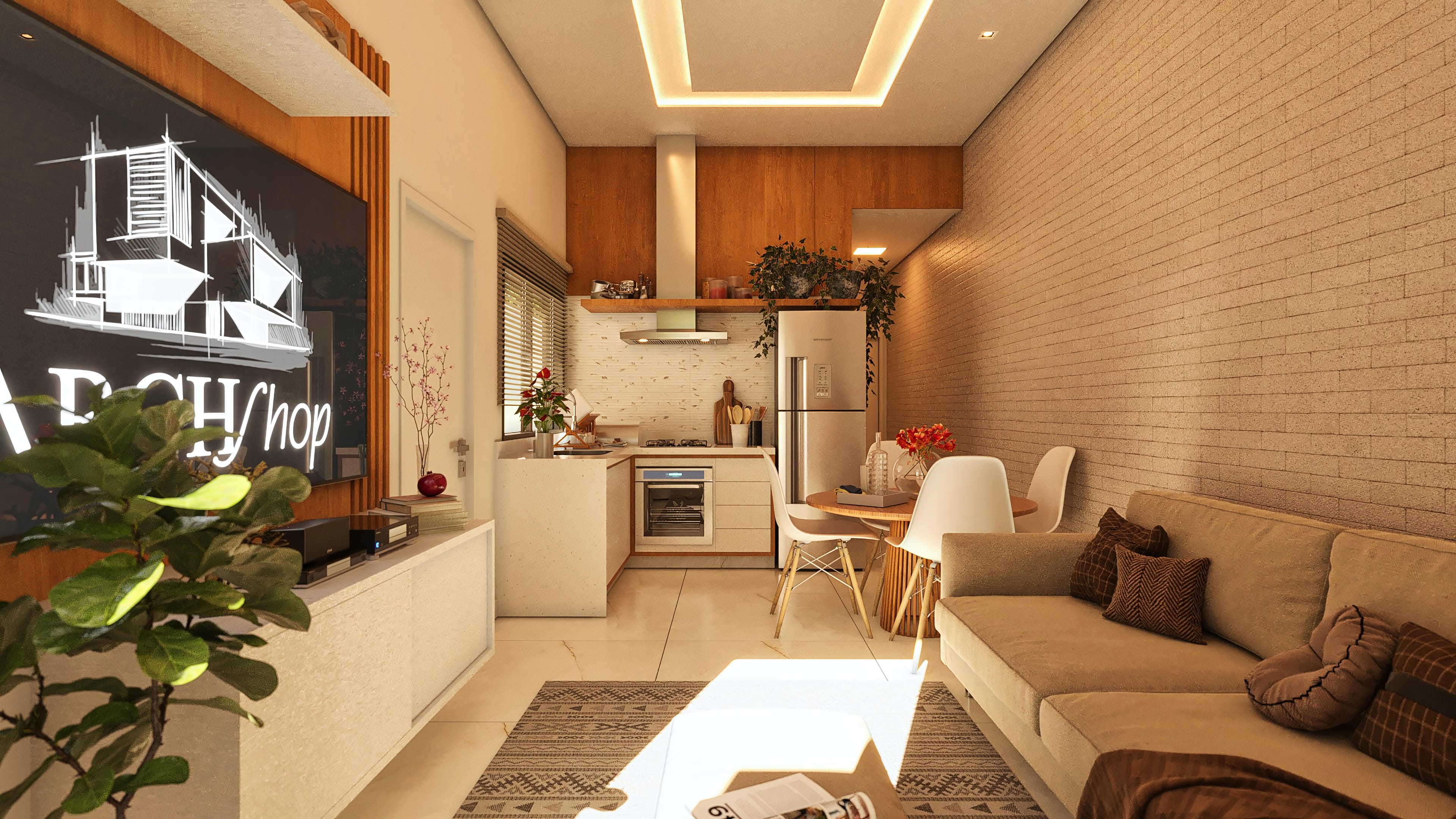 Ambiente interno con sala de estar y cocina integradas, presentando sofá beige, mesa redonda con sillas blancas y encimera con armarios.
