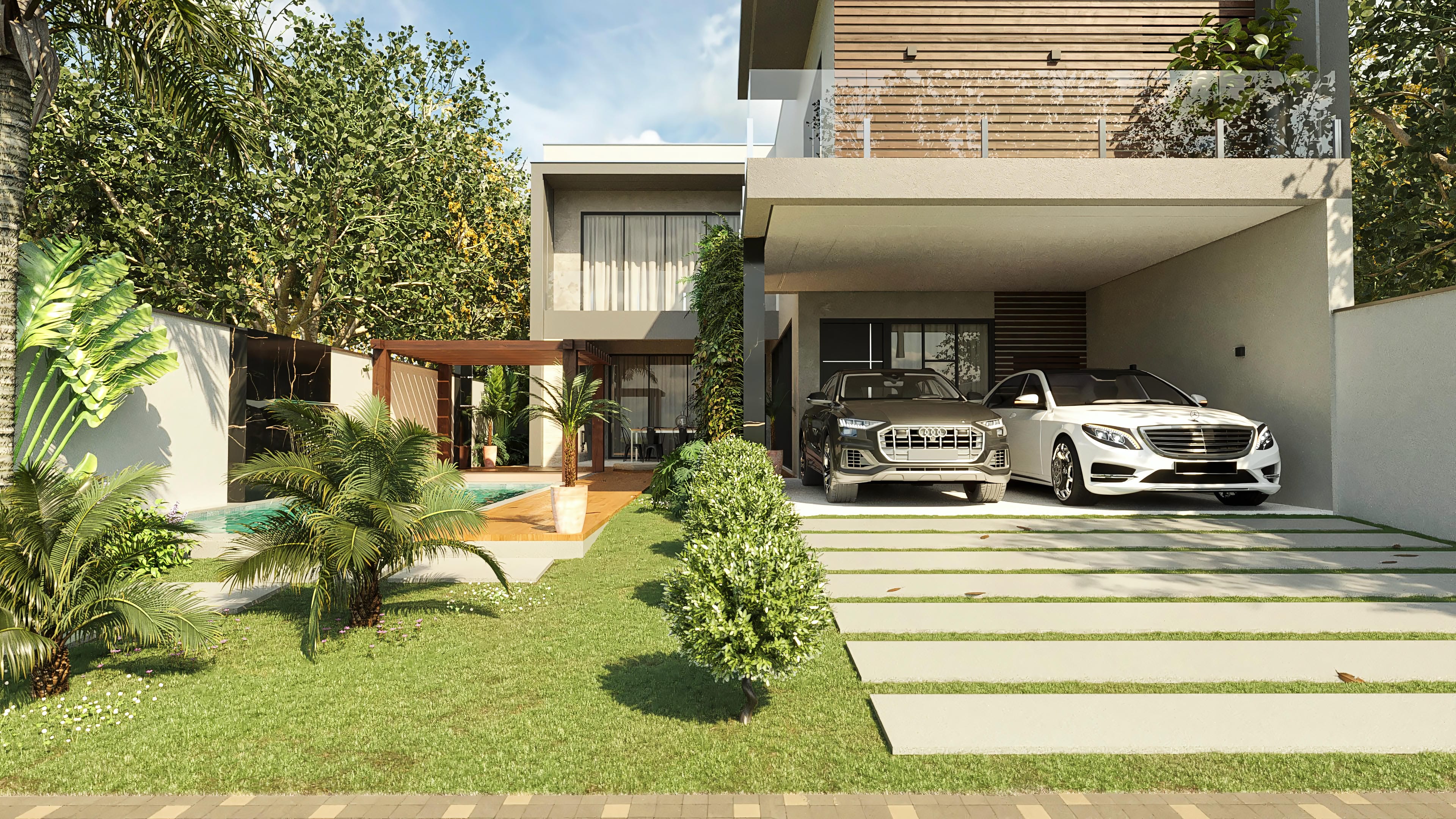 Fachada moderna de casa de dos plantas con 4 suites, terraza, área gourmet integrada a la piscina en un terreno plano y regular.