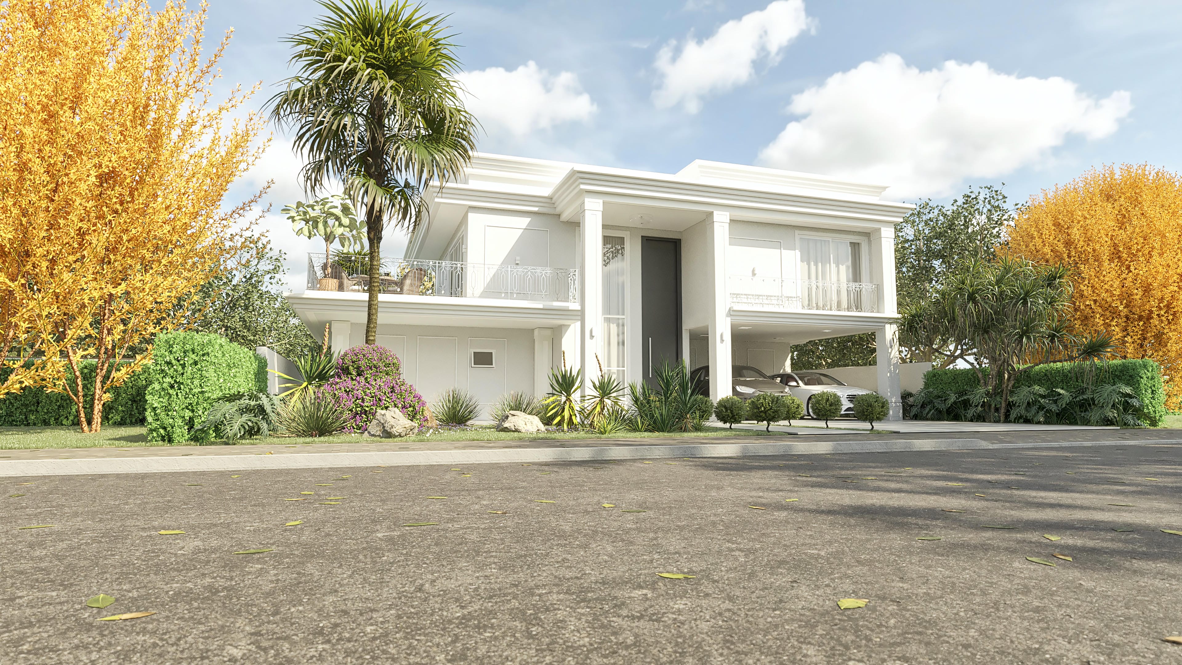 Fachada imponente de casa de dos plantas neoclásica con 5 habitaciones, destaca el balcón con elementos calados y exuberante paisajismo con área gourmet visible.