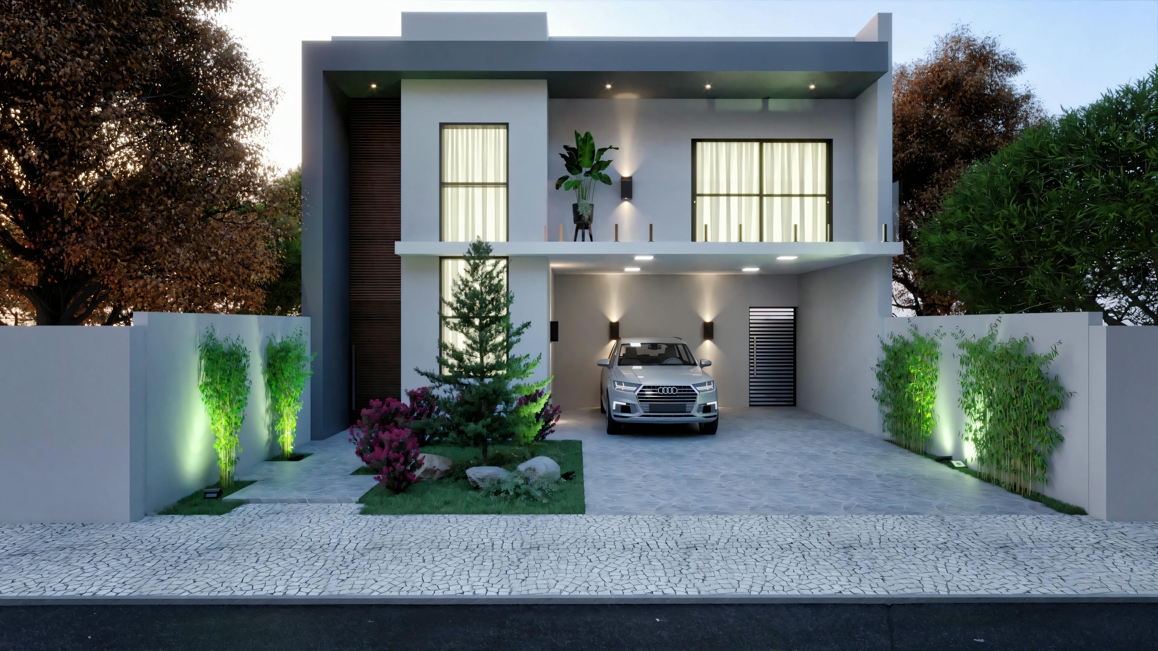 Casa moderna à noite com a porta da garagem aberta, revelando um carro estacionado dentro e luzes externas iluminando a entrada.