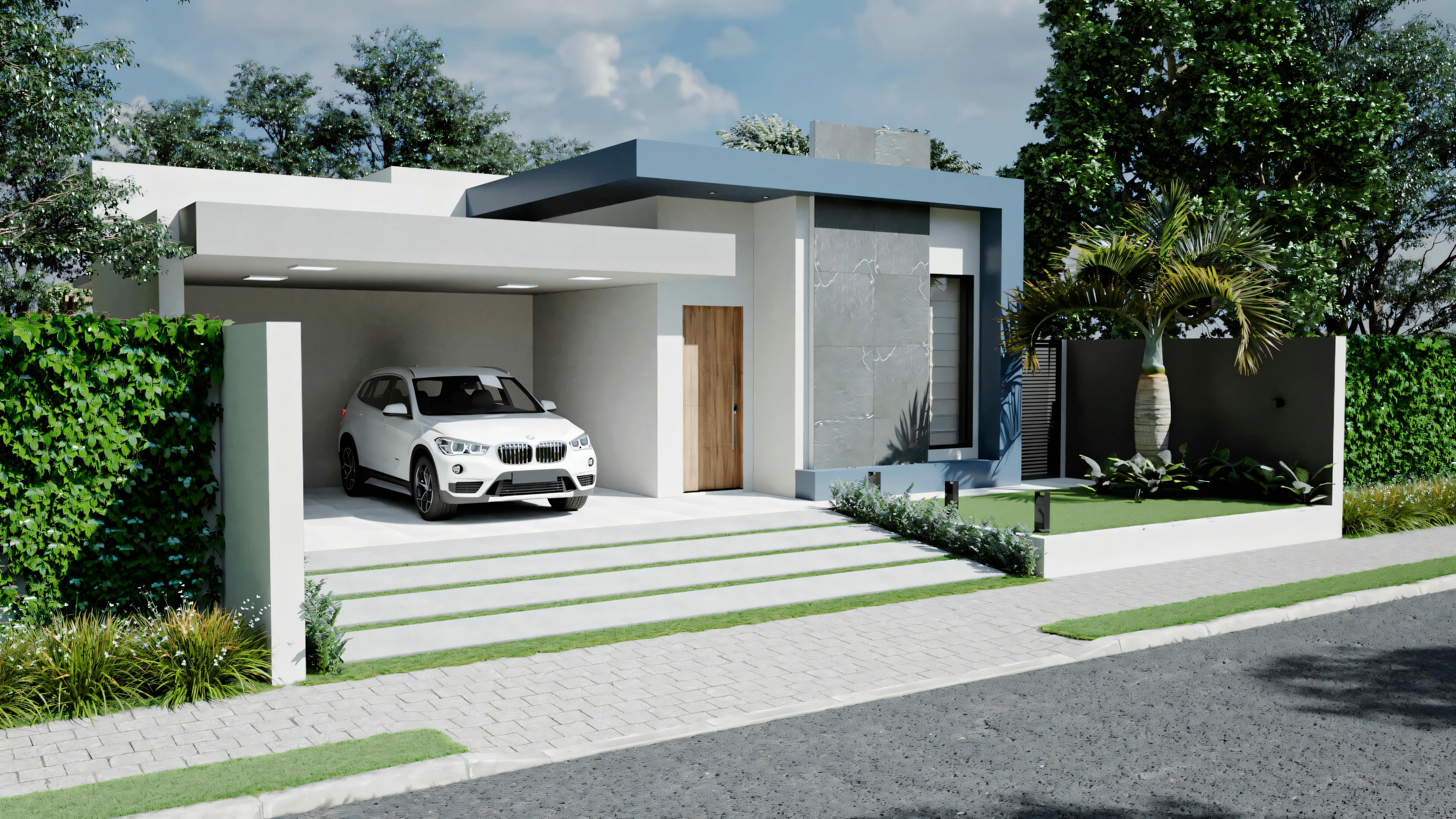 Casa moderna con techo plano, grandes ventanas y auto estacionado en la entrada.