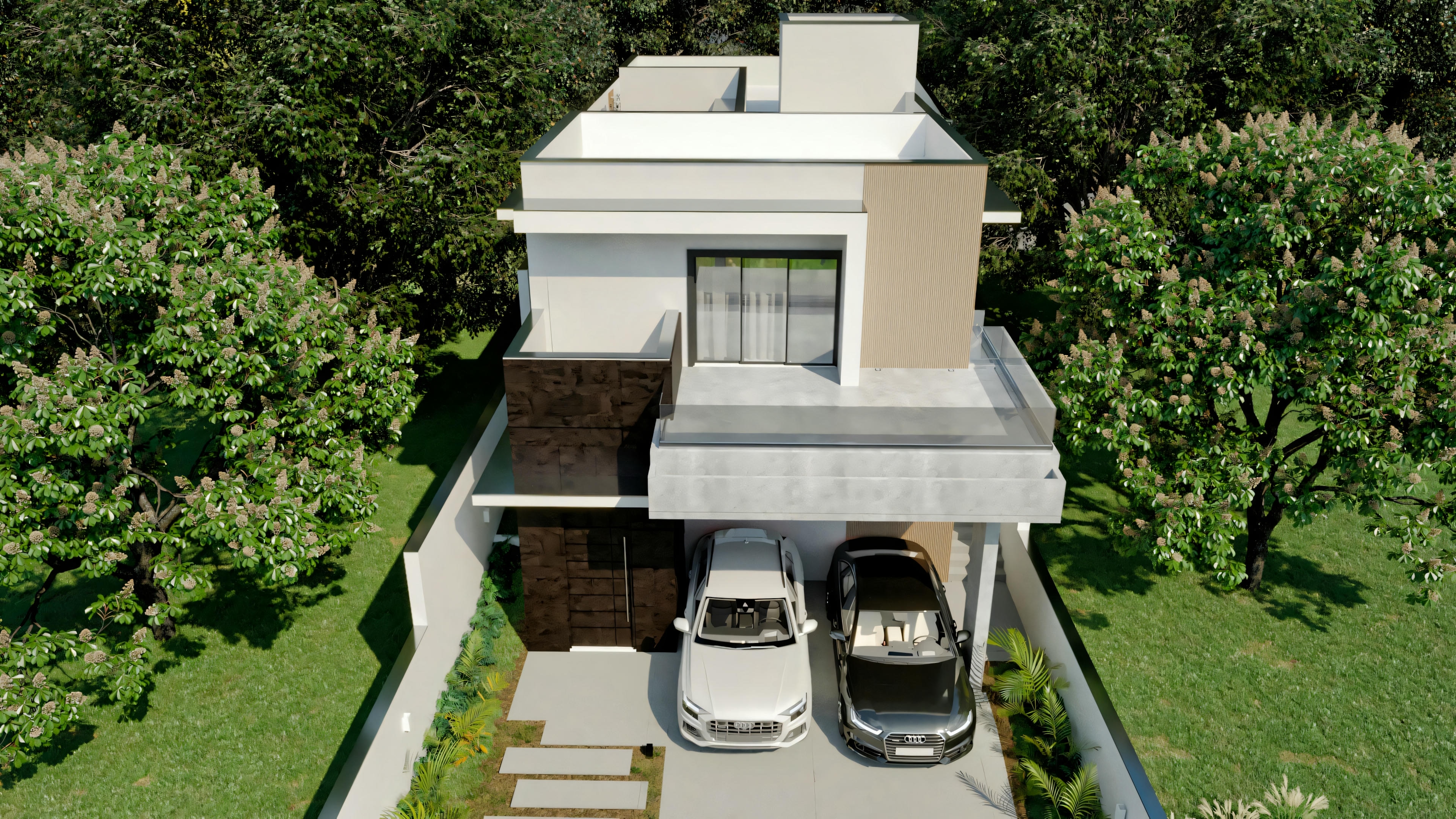 Vista aérea de uma casa moderna de dois andares com telhado plano, com um carro estacionado na entrada e cercada por vegetação.