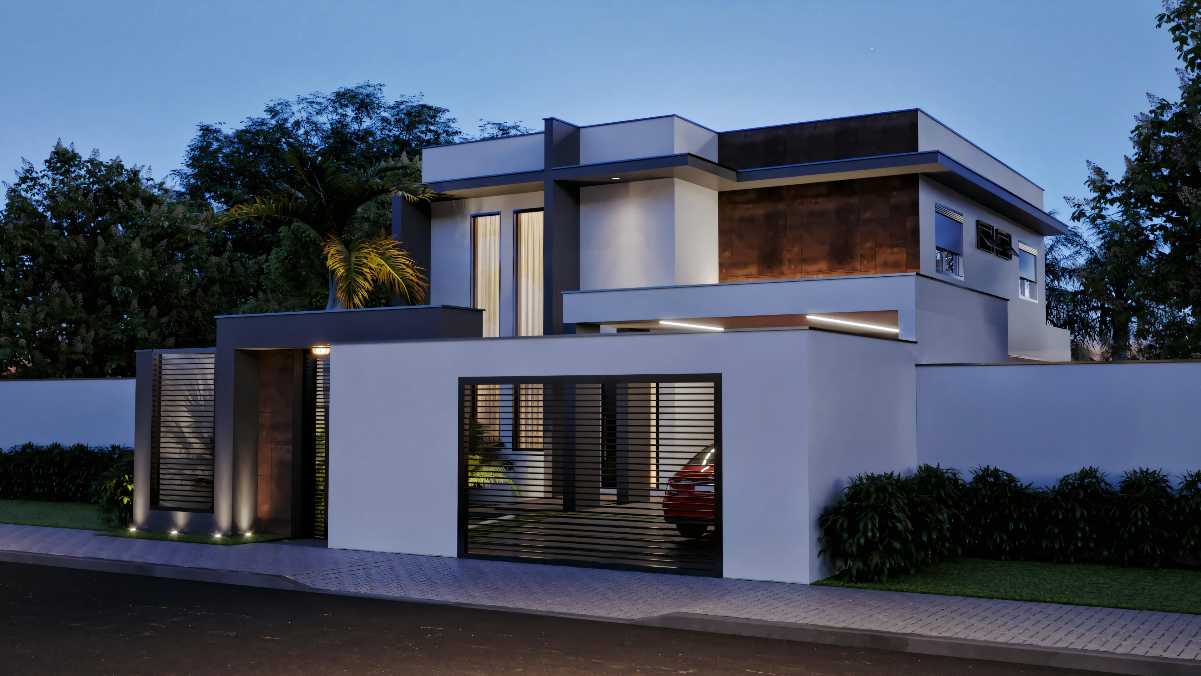 Casa moderna de dois andares ao entardecer ou início da noite, com luzes internas e externas acesas.
