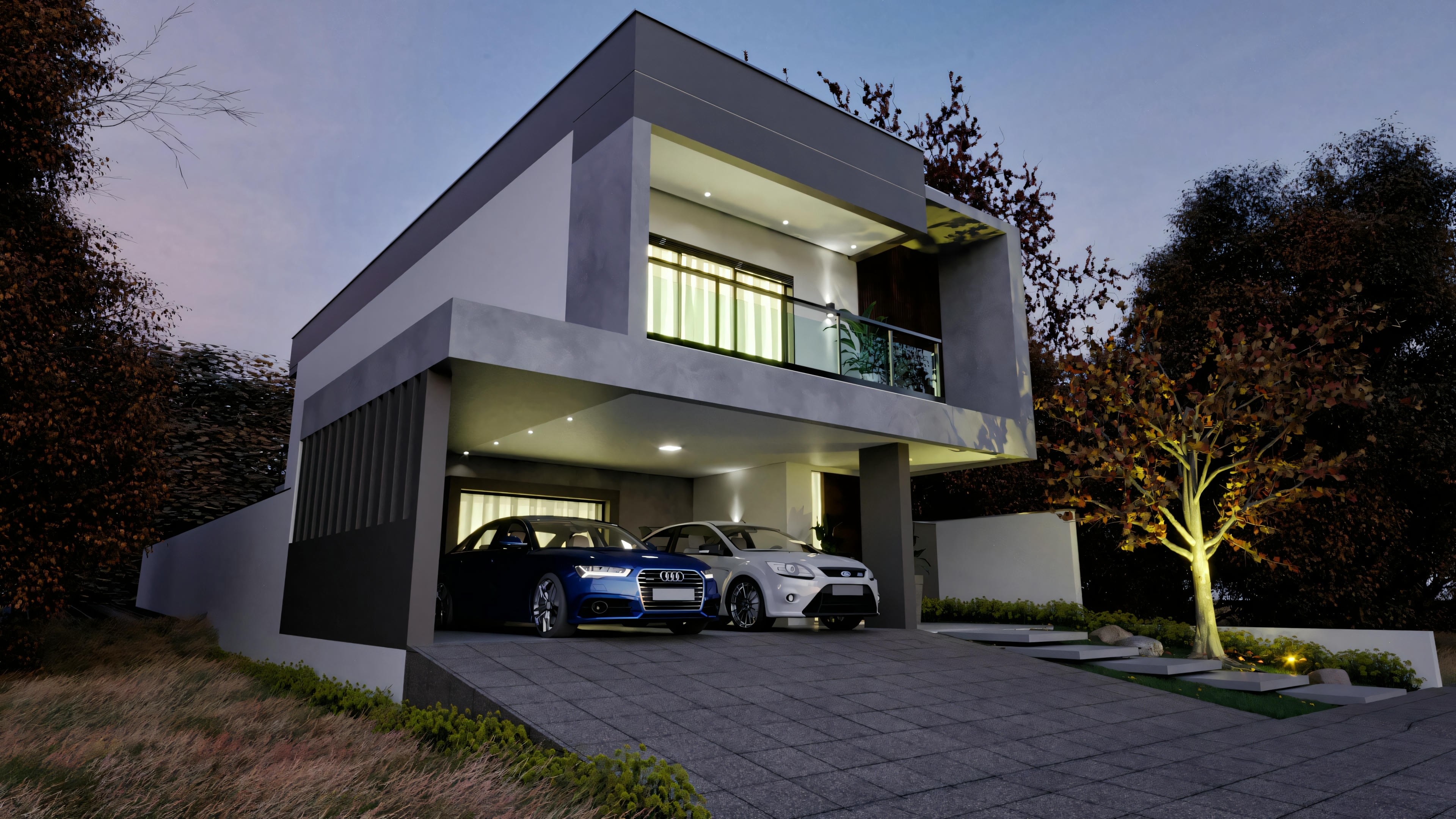 Fachada de uma casa moderna de dois andares com telhado plano, grandes janelas e garagem aberta com carros estacionados.